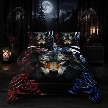Nttopship Wolf Bedding Set Full Size,Blue and Red Roses Comforter Set 3 Piece for Girls Boys Kids Teens,Wildlife Bed in a Bag Sets 3D Wild Animal Print Bedding Set Comforter with 2 Pillowcase