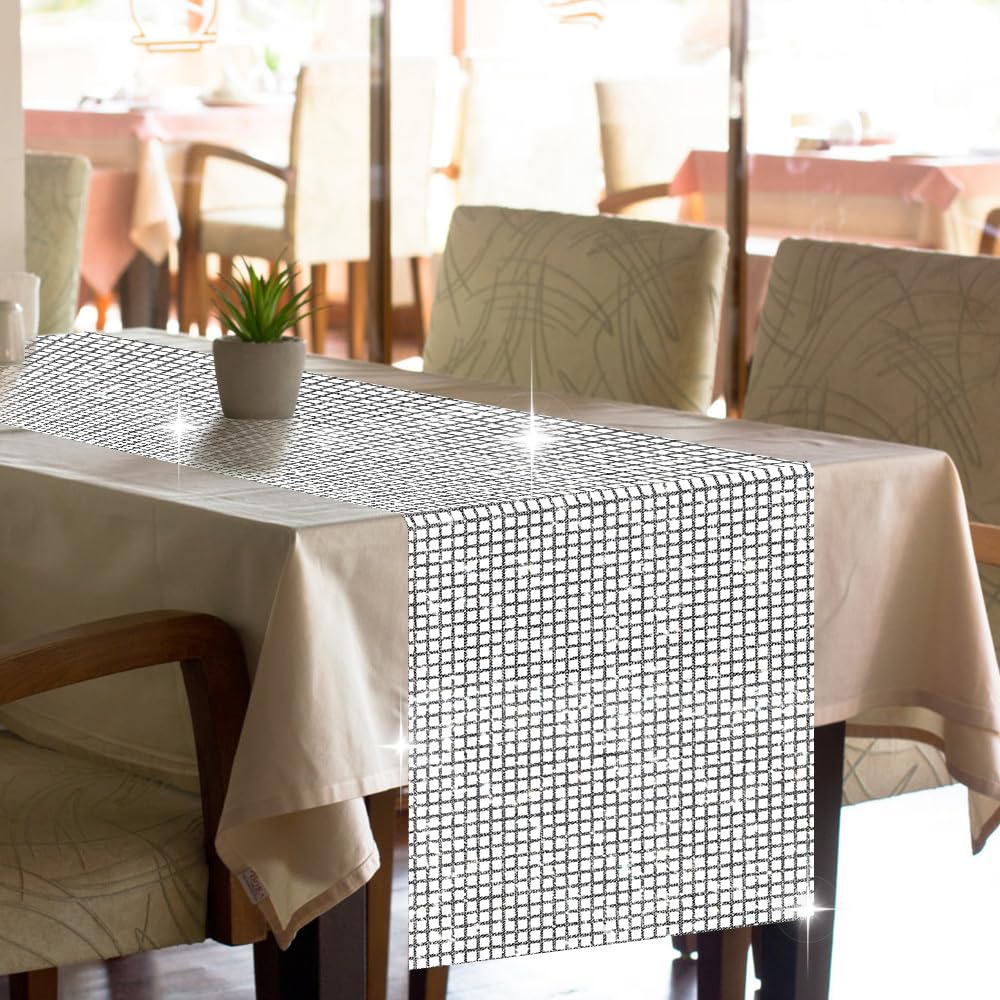 Mioyoow Silver Sequin Disco Party Table Runner, Mirror Foil Tablecloth Runner Glitter Table Cover For Disco Theme Party Birthday Table Decoration