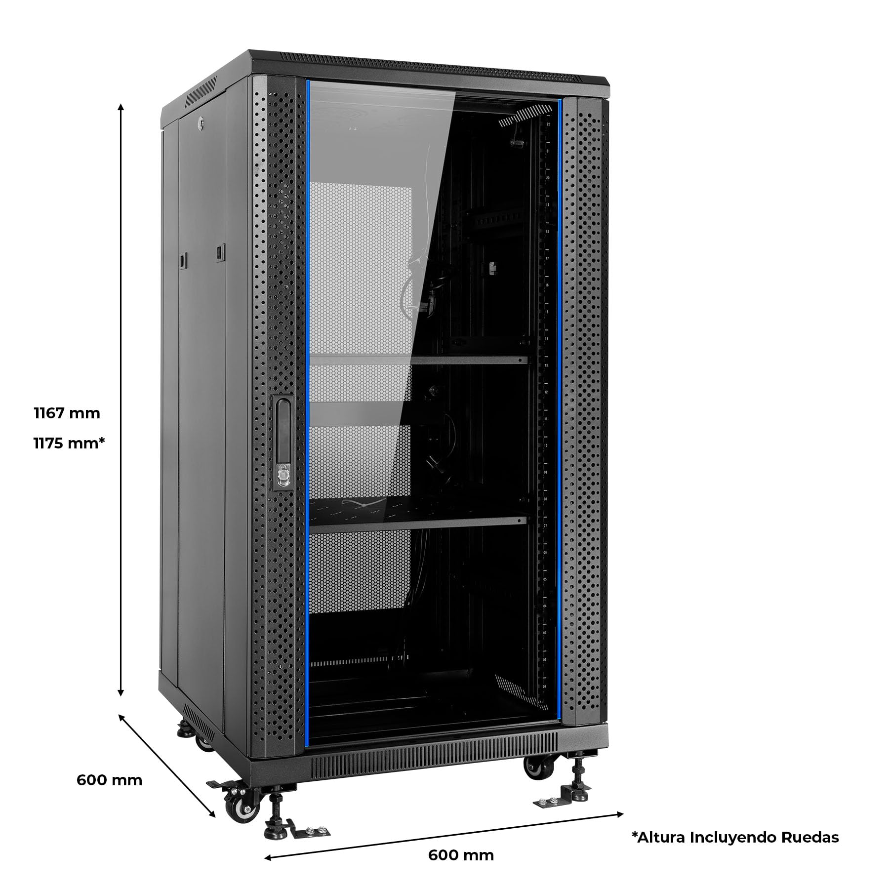 Aiten Data Armario Rack Suelo 19" 22U 600 x 600 x 1175 mm Montado con Accesorios: 2 Bandejas Fijas, 4 Ventiladores 120 mm, 1 PDU con 8 Puertos de 1U, Patas, Ruedas y Llaves