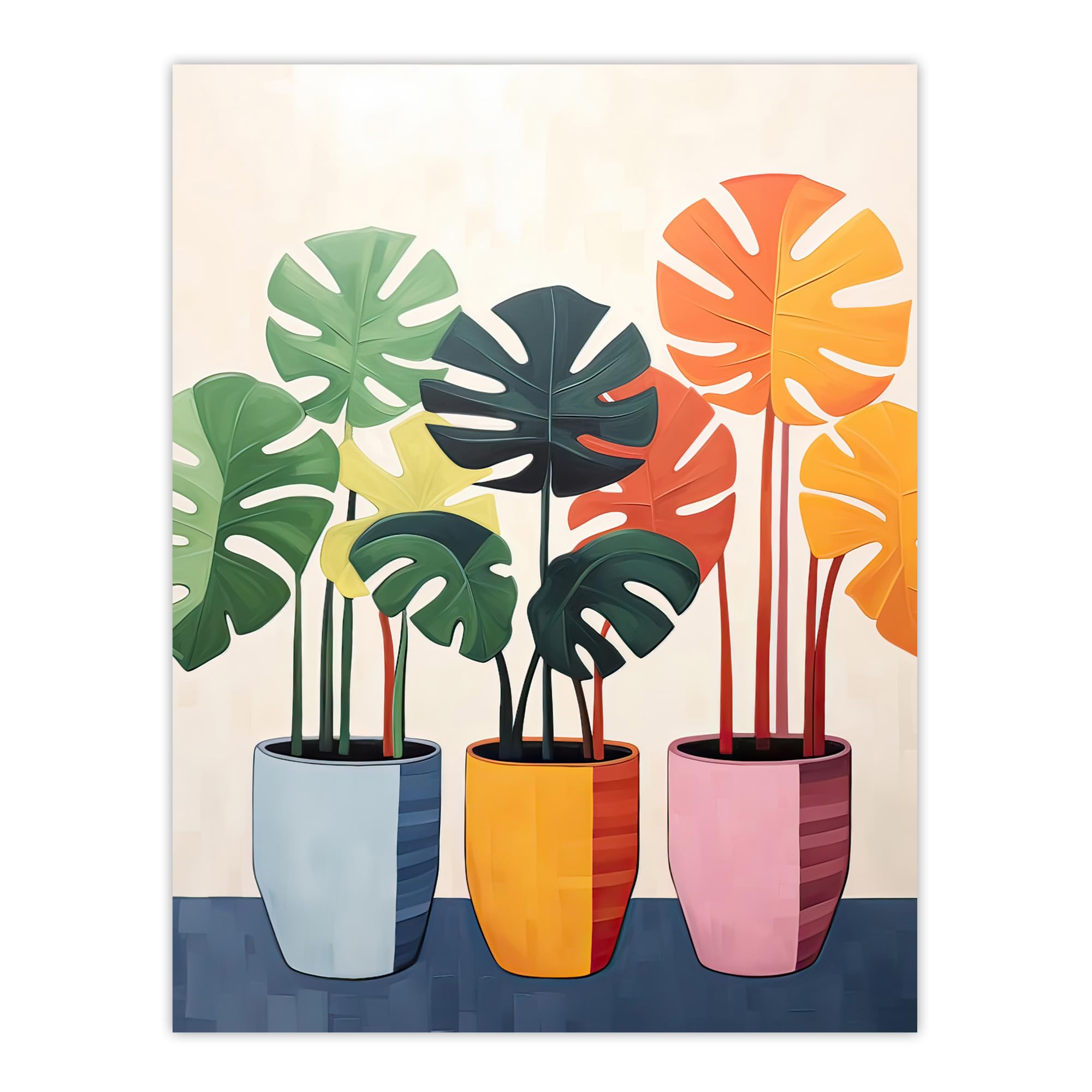 Artery8 Trio of Colourful Monstera Cheese Plant Pots Botanical Oil Painting Extra Large XL Wall Art Poster Print