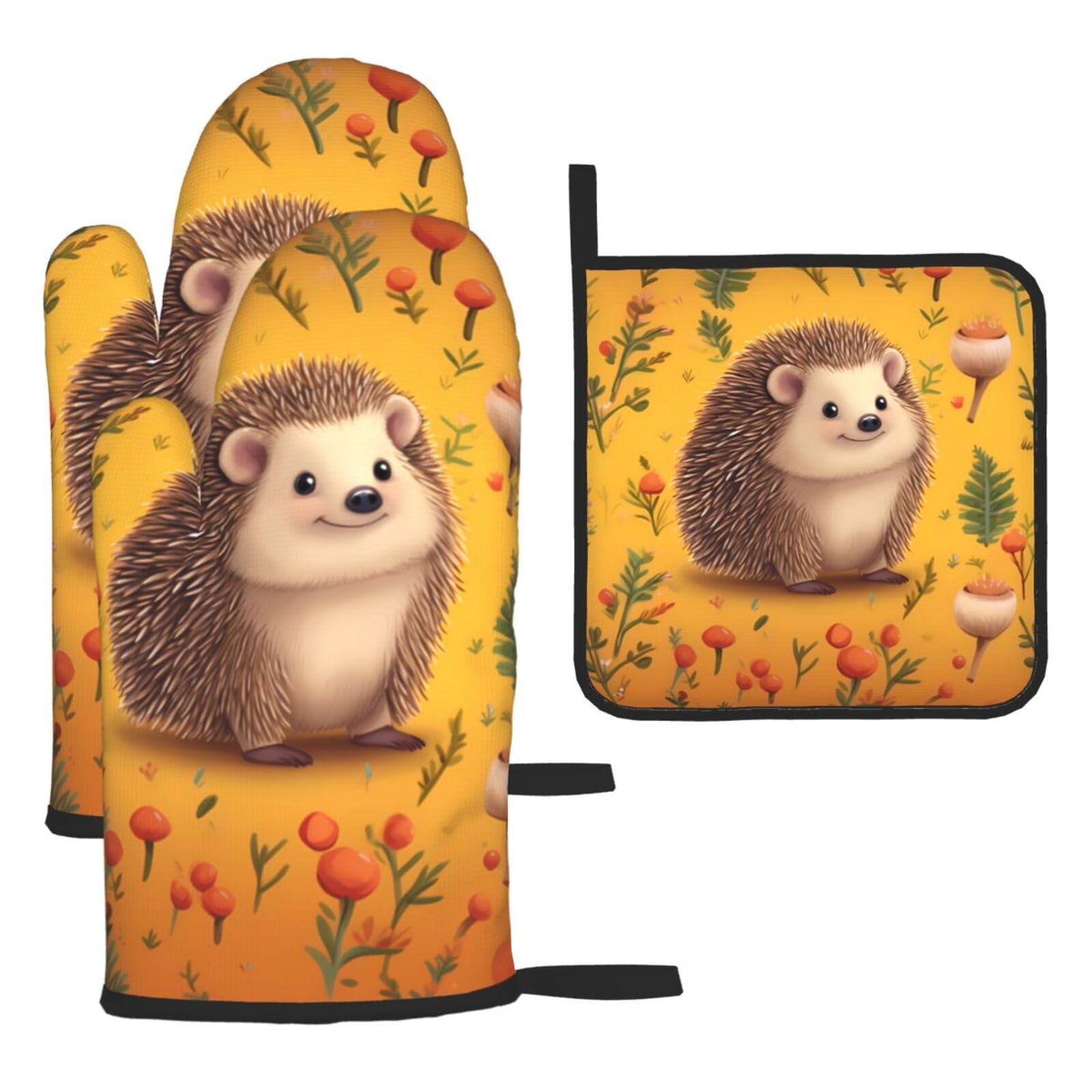 Oven Mitts and Pot Holders Set 3 pcs Kitchen Oven Glove Hedgehog Oven Mitt Heat Resistant Oven Glove for Cooking Non-Slip Cooking Gloves Washable Potholders for Baking BBQ