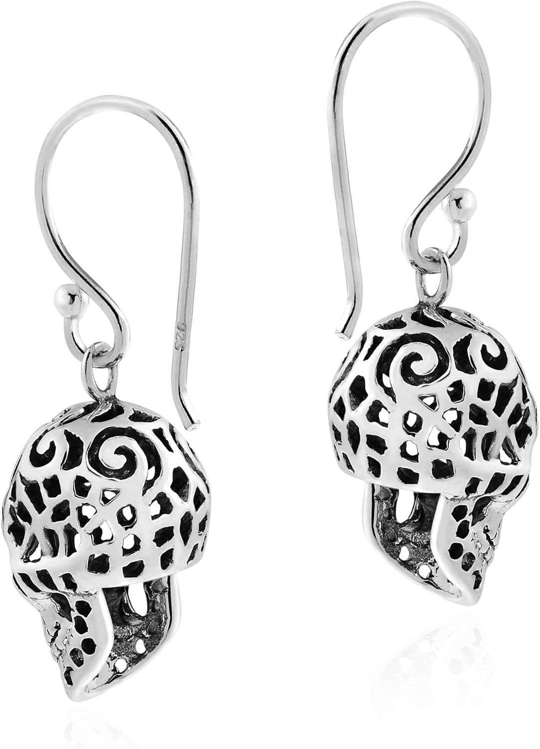 AeraVida Menacing Tattooed Skull with a Unique Pattern .925 Sterling Silver Dangle Earrings | Edgy Skull Design Earrings for Men and Women | Sterling Silver Gothic Jewelry