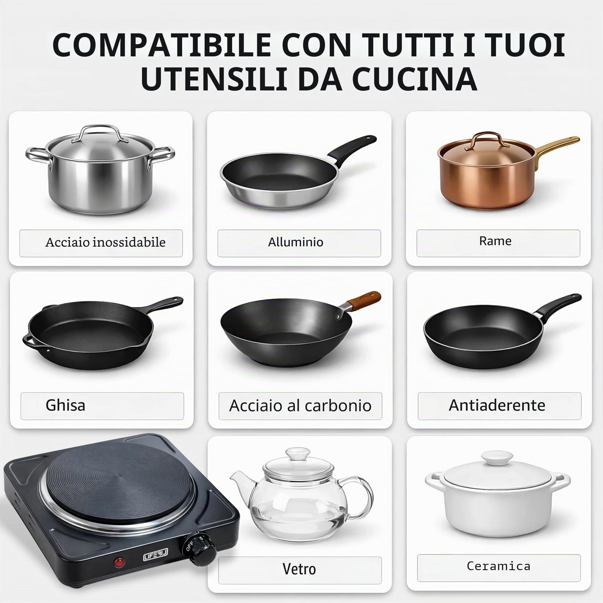 Fornello elettrico portatile per cottura CookMate 1000 W. Piastra per alimenti ad alta potenza, ideale per campeggio, terrazza, roulotte. Adatto a tutte le padelle. Nero