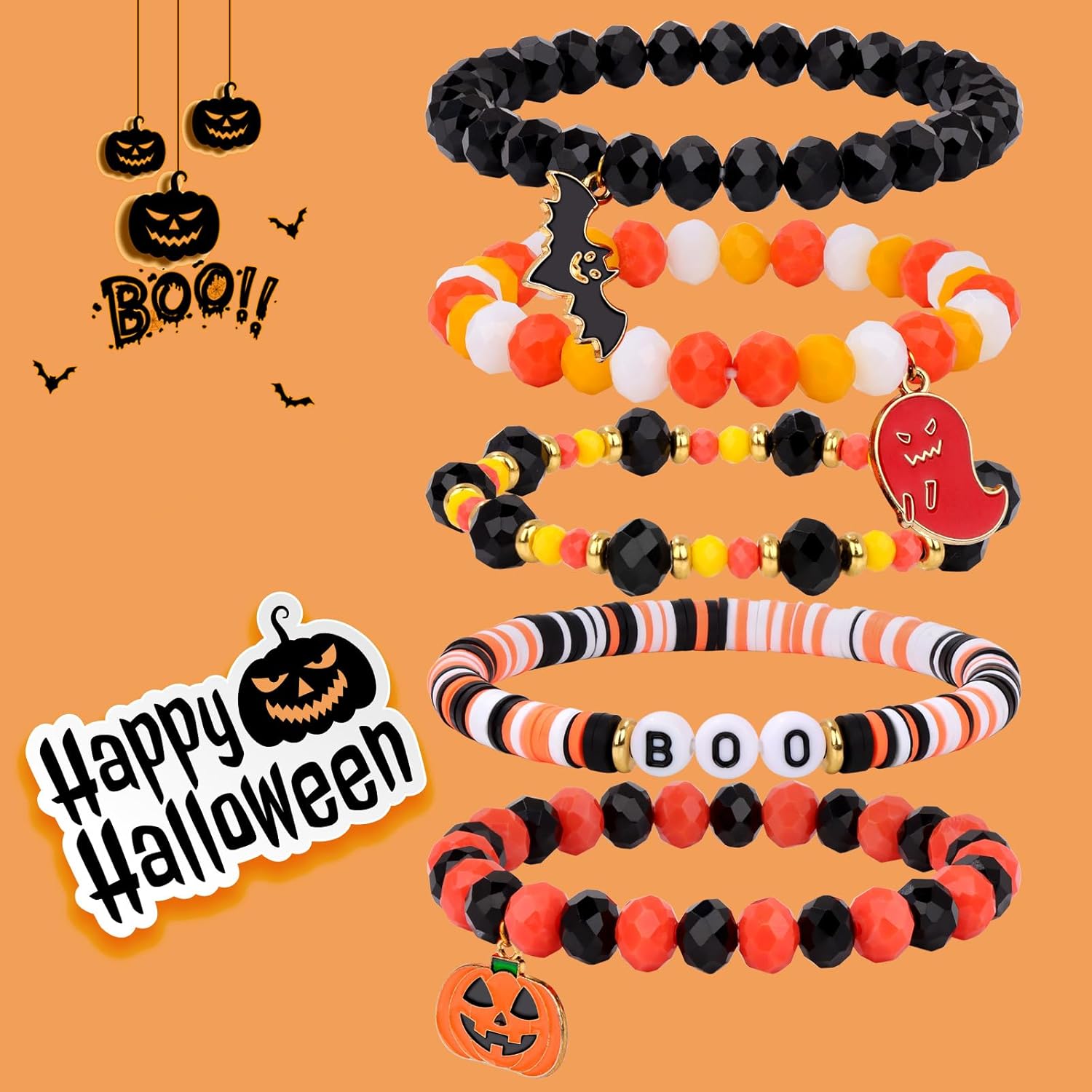GolbalJew Halloween Beaded Bracelets for Women 7 Pcs Stackable Stretch Surfer Heishi Vinyl Disc Clay Bracelet Gifts Ghost Pumpkin Bat Charm Crystal Beads - Image 2