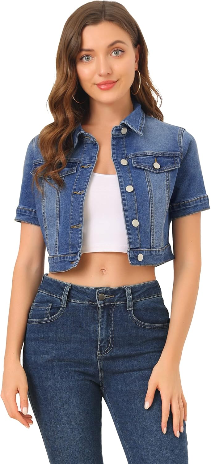 Allegra K Casual Denim Jacket for Women Short Sleeves Crop Jean Denim Jacket