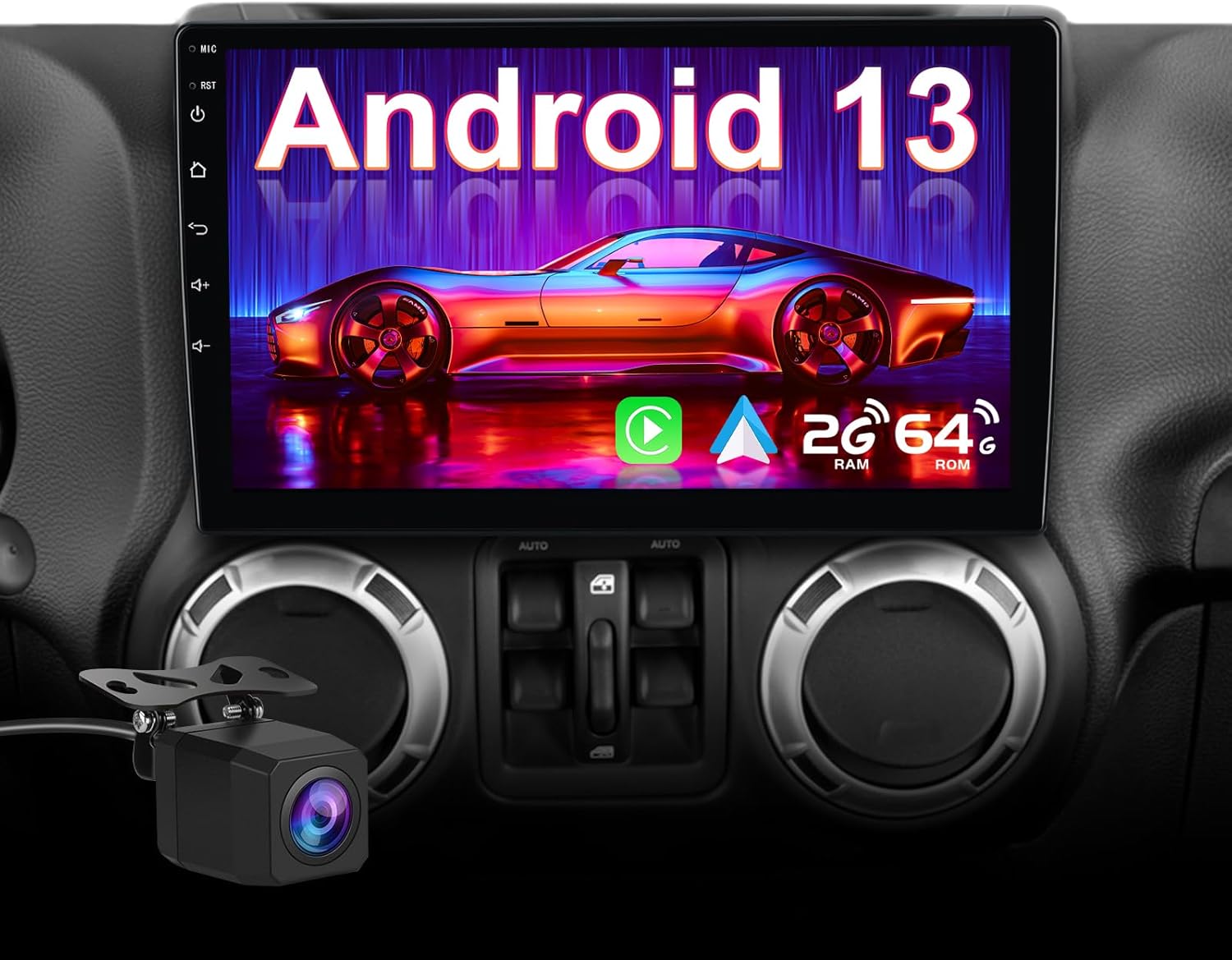 10.1" Car Stereo for Jeep Wrangler JK 2007‑2018 / Compass/Grand Cherokee/Dodge Ram, CarPlay & Android Auto, GPS Navigation, Bluetooth, FM/AM, SWC, 2GB RAM+64GB ROM, Backup Camera