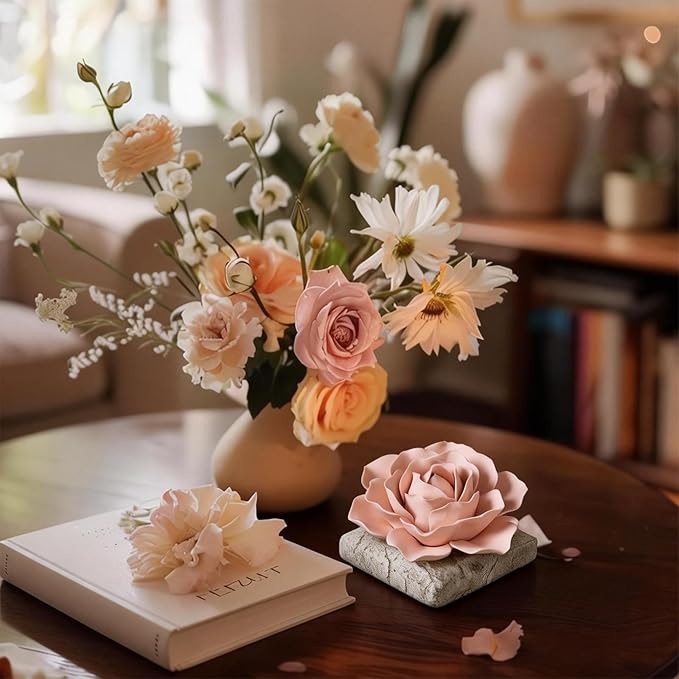 Difusor de aceites esenciales cerámico, base de concreto y flor artesanal miniatura 2