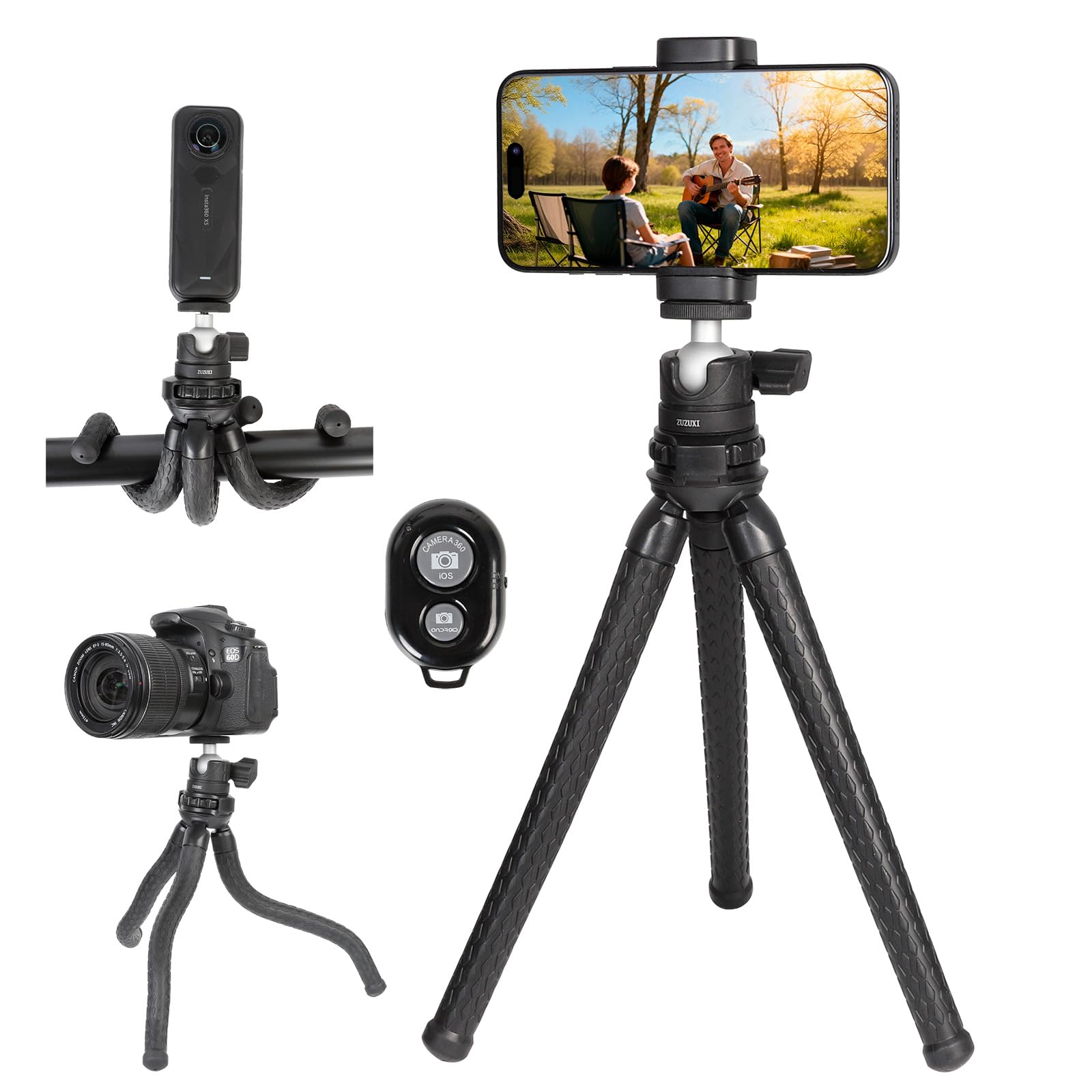 Flexibles Stativ für Handys & Kamera, Mini-Handy-Stativ mit Fernbedienung & Handyhalterung für Videoaufnahmen, kompatibel mit iPhone GoPro Insta360 X5 DJI Osmo Pocket 3 Canon Nikon Sony Kamera