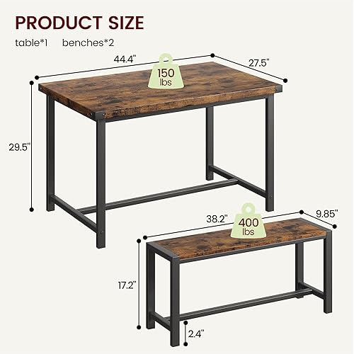 Miniatura 7 de IDEALHOUSE Juego de mesa de comedor para 4, mesa de cocina con bancos, juego de mesa de comedor rectangular con 2 bancos de madera de metal, juego