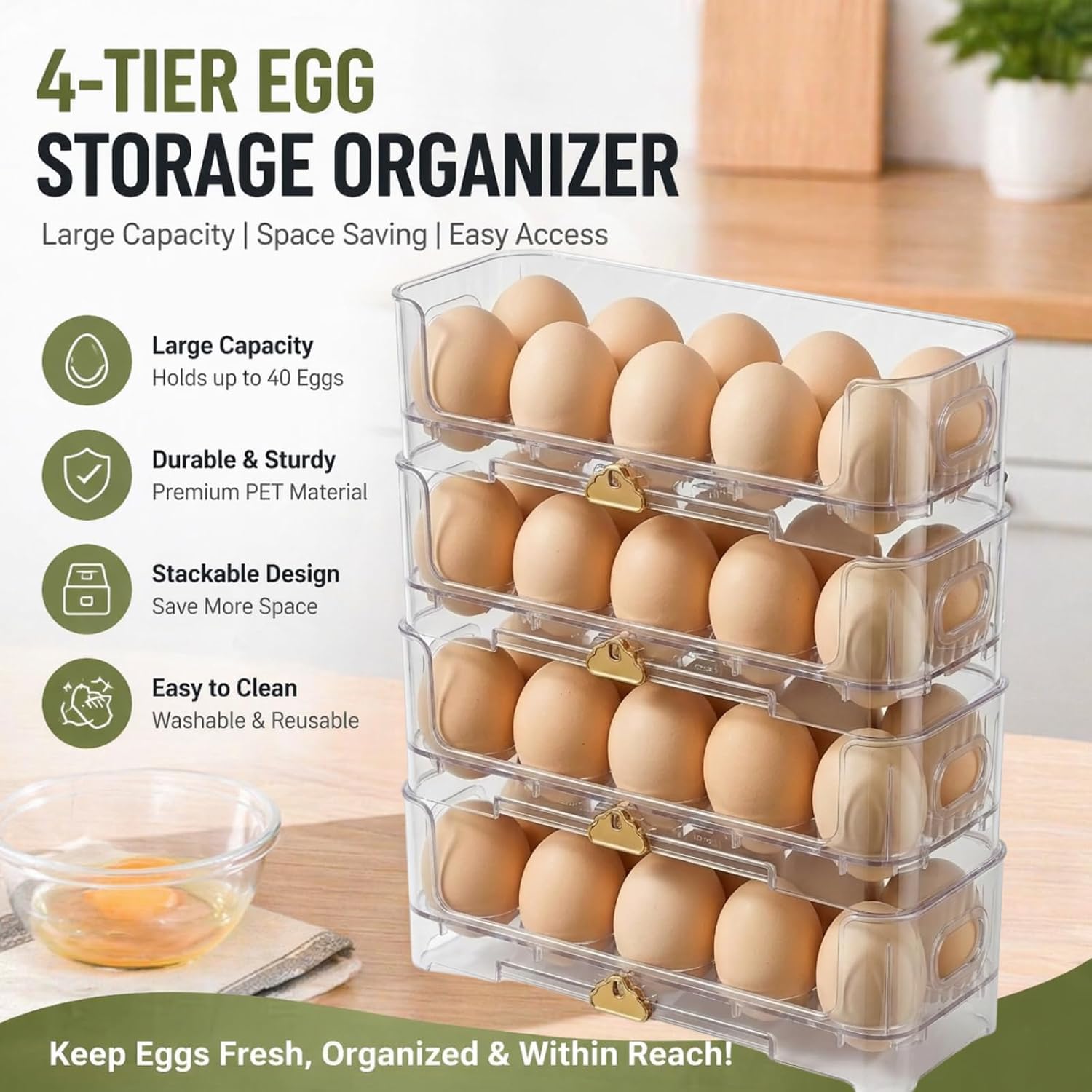 Stackable Egg Holder for Refrigerator Side Door, Slim 4-Tier Modular Egg Organizer with Date Tracker, Space Saving 40-Egg Container for RV Camper Mini Fridge and Small Apartment