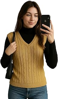 بلوفر كات من قماش مضفر منسوج برقبة على شكل حرف V، أصفر مسطردة، تصميم كلاسيكي، مقاس واحد