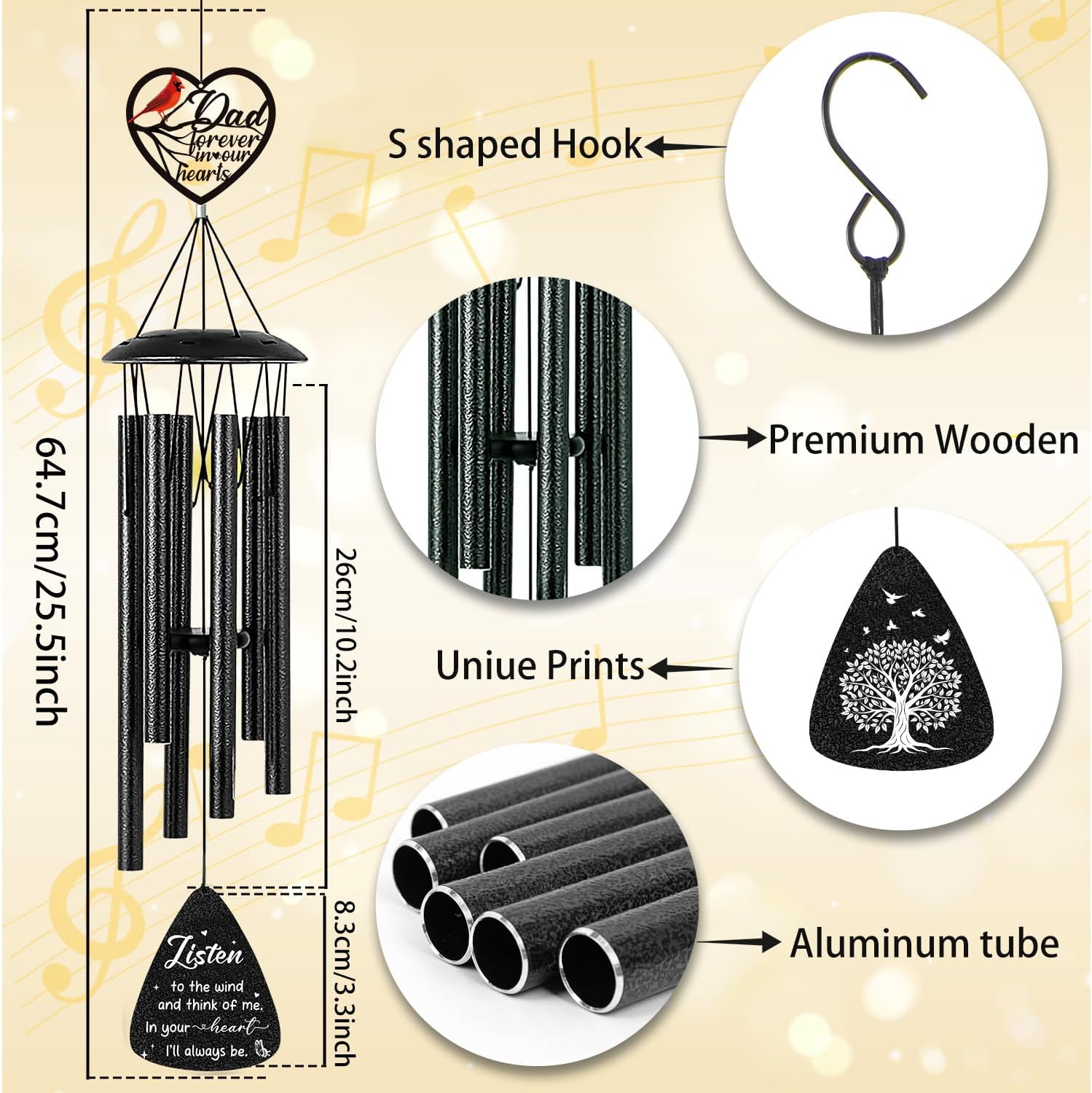 Memorial Gifts for Loss of Dad Father- Luvsweets 36'' Memorial Wind Chimes for Outside, Sympathy Bereavement Condolence Grief Remembrance Funeral Gifts for Loss of Dad, with S Hook Greeting Card
