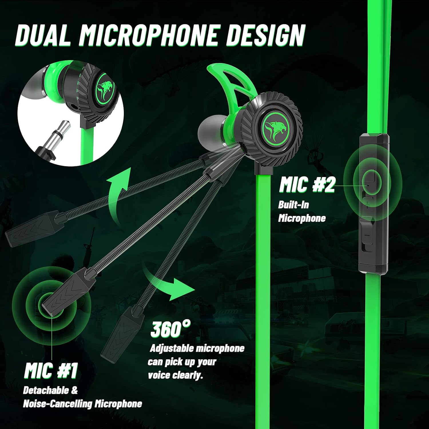 BlueFire Gaming Headset with Microphone, Detachable Dual Microphone Noise Reduction Circuit in Ears Headphones(Green)