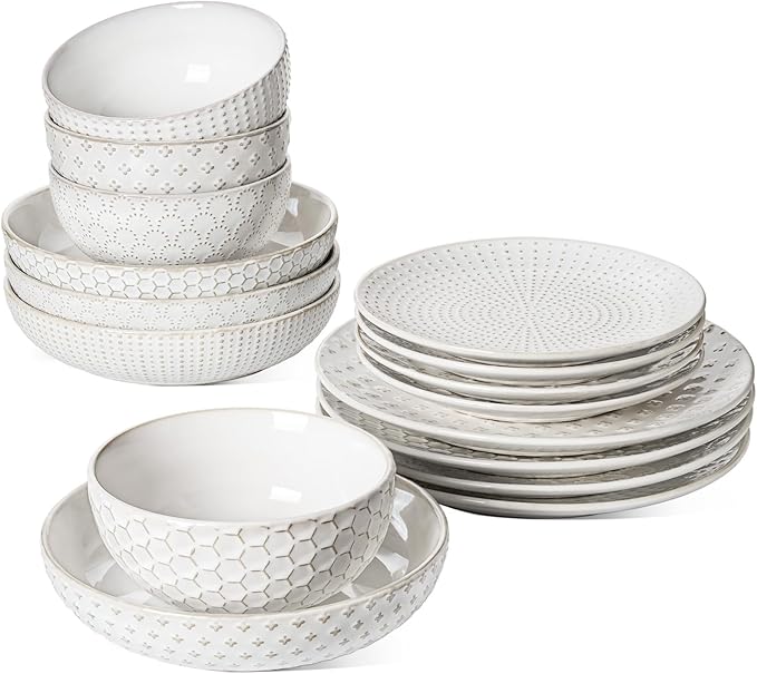 LE TAUCI Dinnerware Sets 16 PCS, Ceramic Plates and Bowls Set, Suit For House Warming Wedding, Serve for 4 (10" Dinner Plates + 8" Salad Dish + 22 oz Cereal Bowl+32 oz Pasta Bowls) x 4, Arctic White