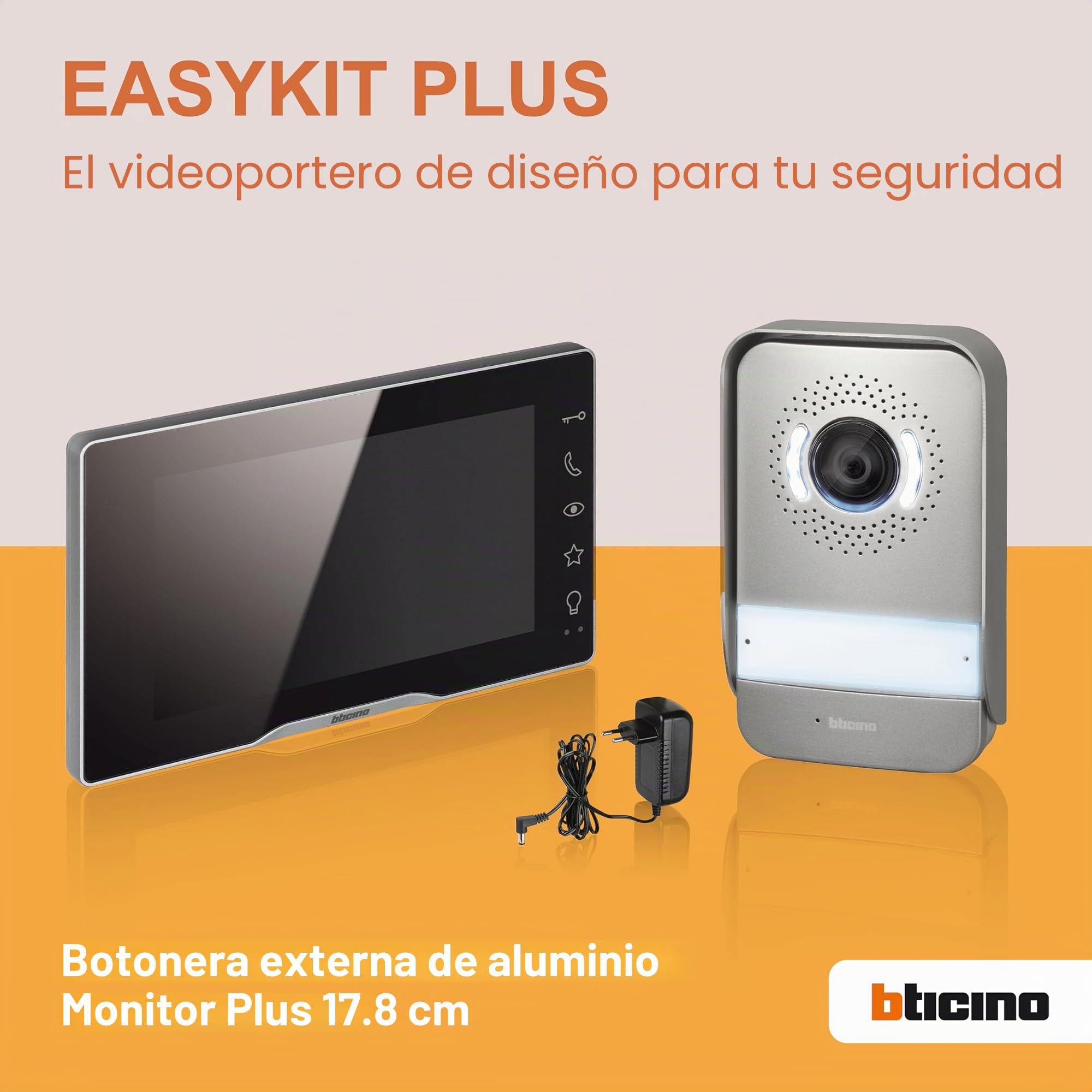 Bticino Easykit Plus 318913 - Videoportero monofamiliar Plug-In de 2 cables con: 1 botonera externa con timbre y cámara, 1 monitor interno de 7 pulgadas a color con manos libres, ampliable para