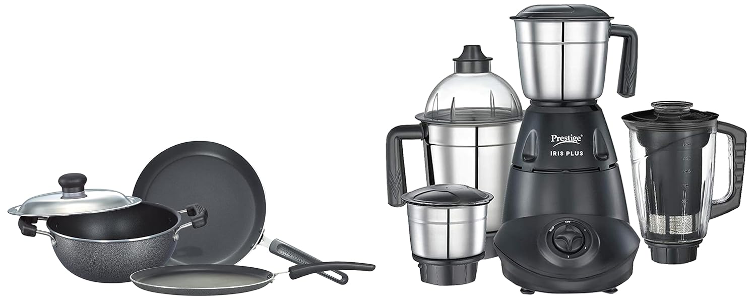 Prestige IRIS Plus 750 watt mixer grinder & Omega Select Plus Residue Free Non-Stick Kitchen Set, 3-Pieces, black/Silver, Aluminium