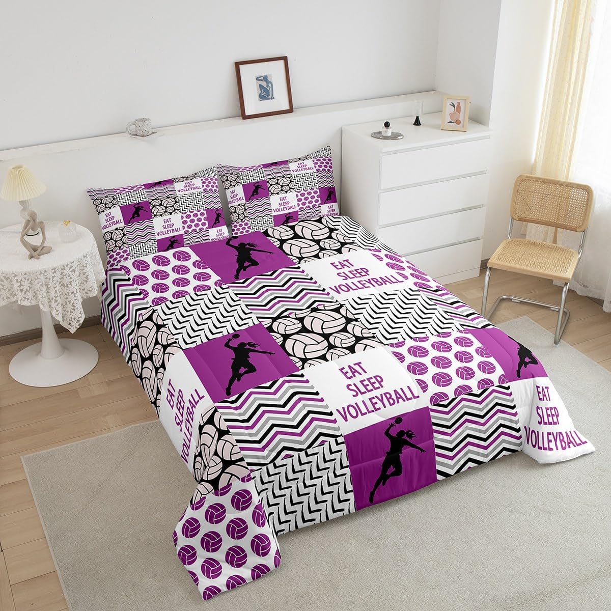 Feelyou Volleyball Comforter Twin Size with 1 Pillow Case Girls Volleyball Comforter Set Sport Game Bedding Set Ball Purple Quilted Duvet Set for Boys Girls Kids Adults