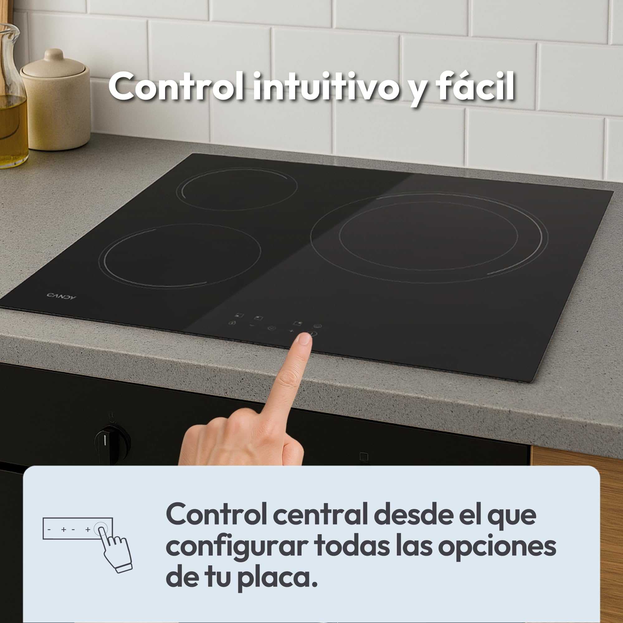Candy CH63DCC Placa vitrocerámica 60 cm, 3 zonas de cocción, doble zona paellera de 28 cm, control táctil, 9 niveles de potencia, sistema de seguridad, color negro