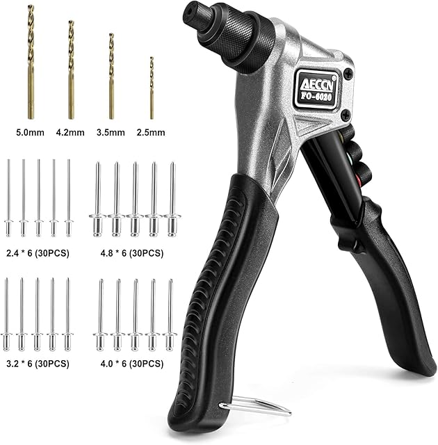 AECCN Rivet Gun with 120 Rivets - Pop Rivet Gun Kit with 4 Manual Interchangeable Rivet Heads and 4 Twist Drills Attached, Manual Hand Riveter Kit, FO-6020