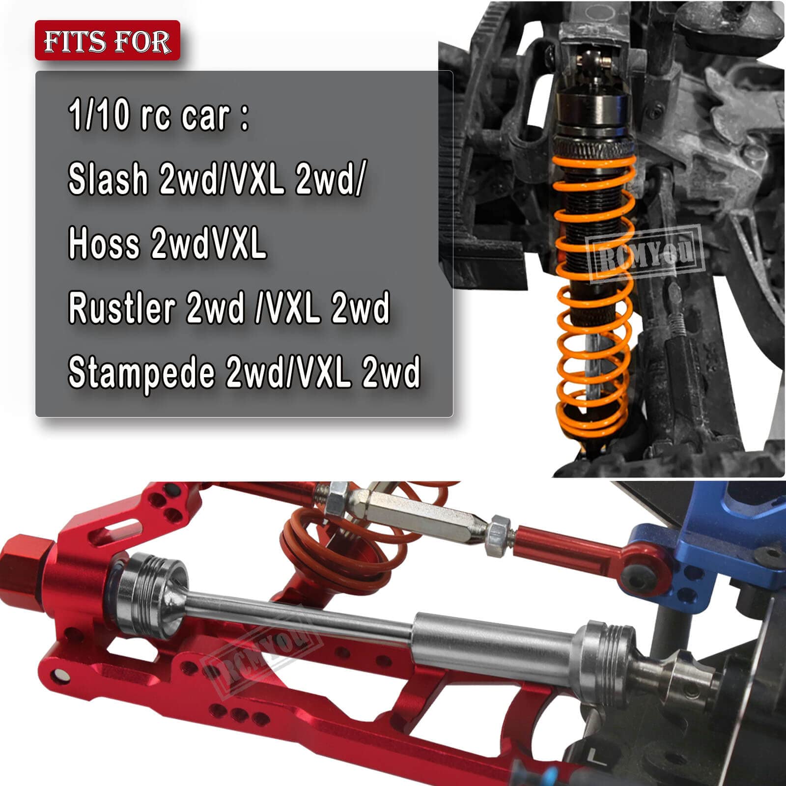 RCMYou RC Upgrades Part for 1/10 Slash 2WD VXL,Rustler 2WD VXL,Stampede 2WD VXL,Hoss 2WD VXL,Stainless Steel Drive Shaft CVD Silver,Aluminum Big Bore RC Shock Absorber Black