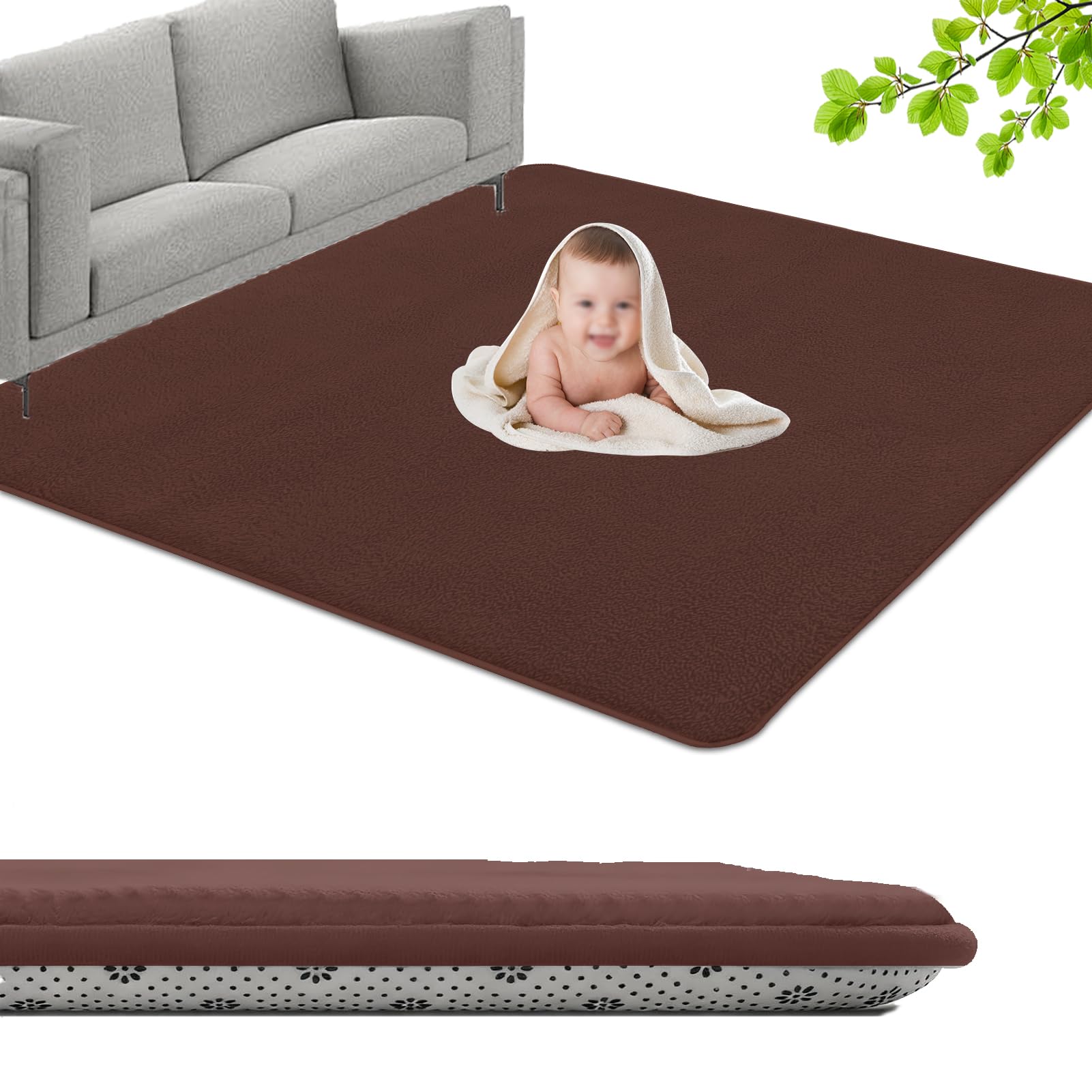 GmyoieqI Large Coral Velvet Baby Play Mat, 3CM Memory Foam Area Rug 100 x 250 cm Children's play mat Soft Play & Tummy Time, Playmat for Floor with Non-Slip Backing Crawling, Easy Care Rug Brown
