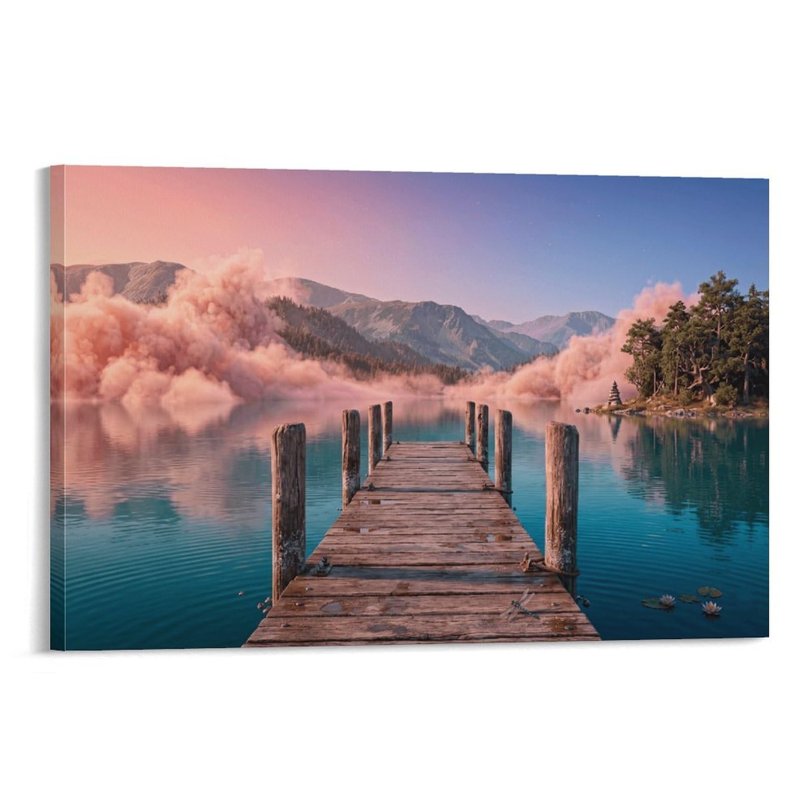 XPASHIQWC Pink Mist Lake Wall Decor Poster Wooden Pier Canvas Prints Picture Modern Canvas Wall Art Picture Wall Hanging for Home Decorations 24x36inch(60x90cm)