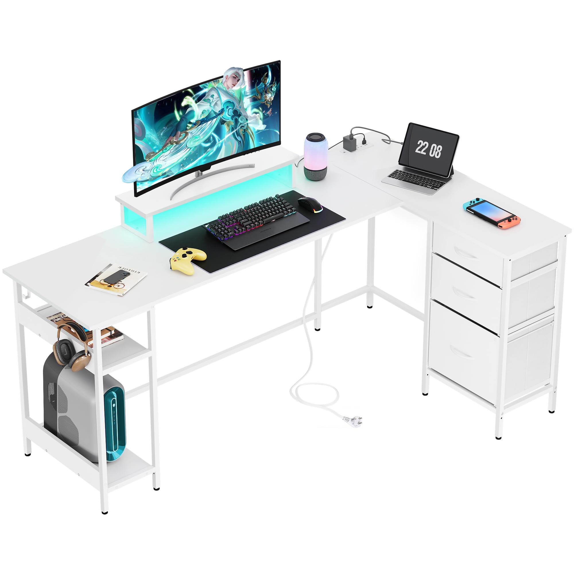 DEVAISE 168×103cm Gaming Desk, Corner Desk with Drawer, for Home Office, White