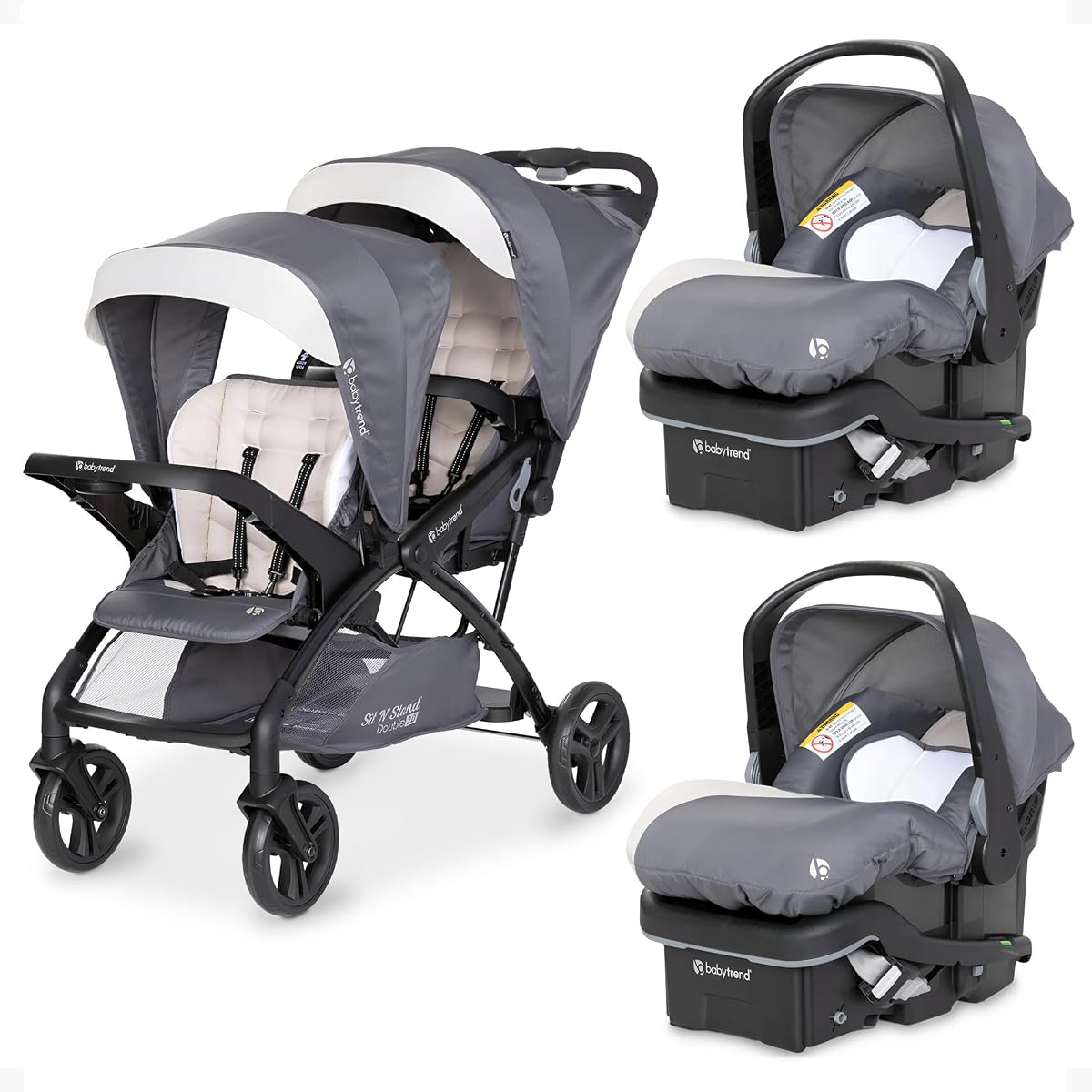 Baby Trend Sit N' Stand Double Stroller with 2 EZ-Lift Car Seats, Magnolia | Lightweight Tandem and Travel Stroller with Car Seat System for Toddlers