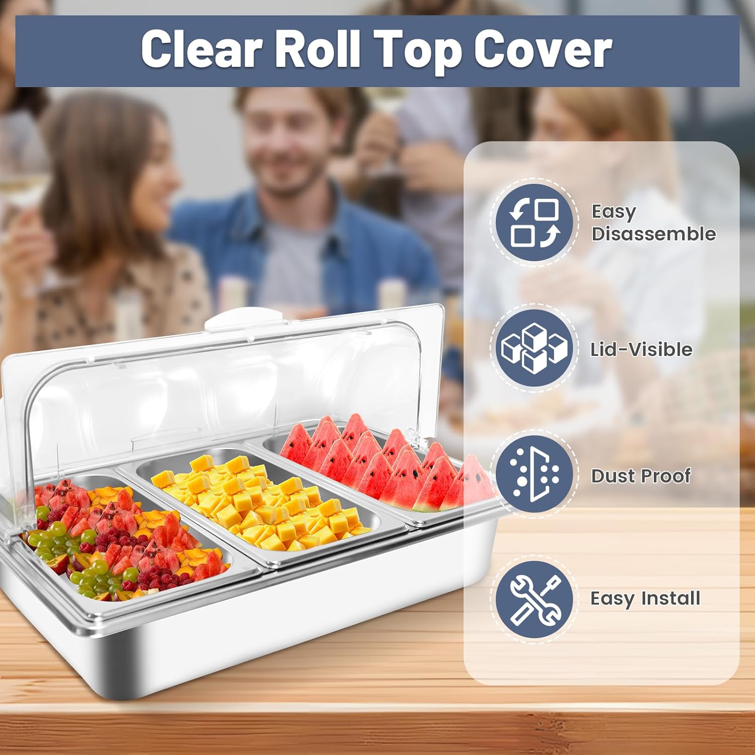 Countertop Ice Food Serving Display Tray with 3 Pan, Portable Salad Bar Buffet Station for Home, Cold Food Buffet Server, Pizza Topping Station, Cold Buffet Table Serving Station for Party