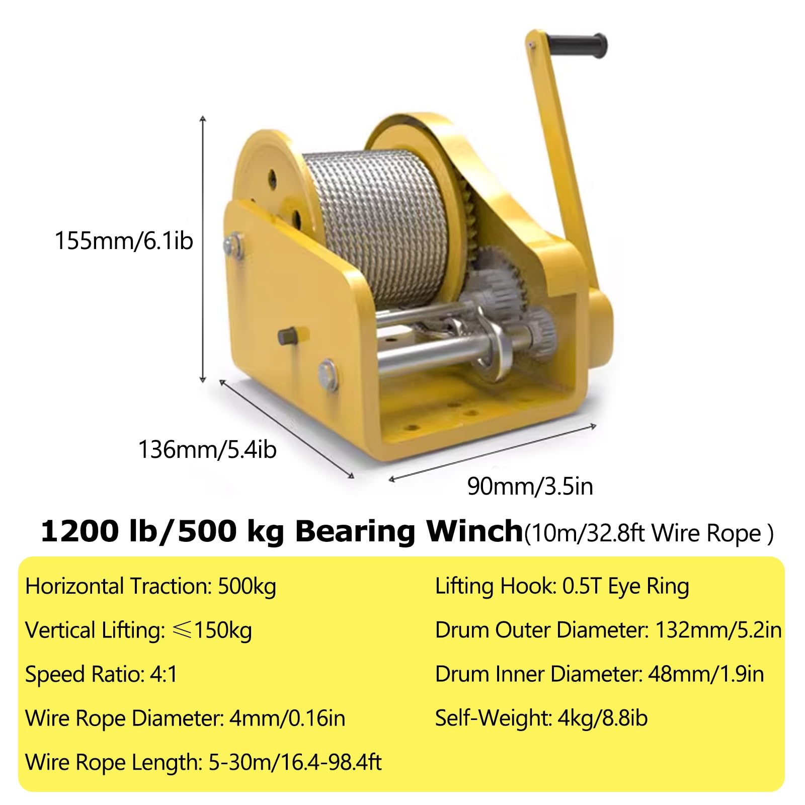 Wyciągarka korbowa, wytrzymała, obsługiwana ręcznie, z hakiem i liną, 1800ib/800kg, 2600ib/1100ib, odpowiednia do pojazdów kempingowych, łodzi, przyczep, ciężarówek i zastosowań mo