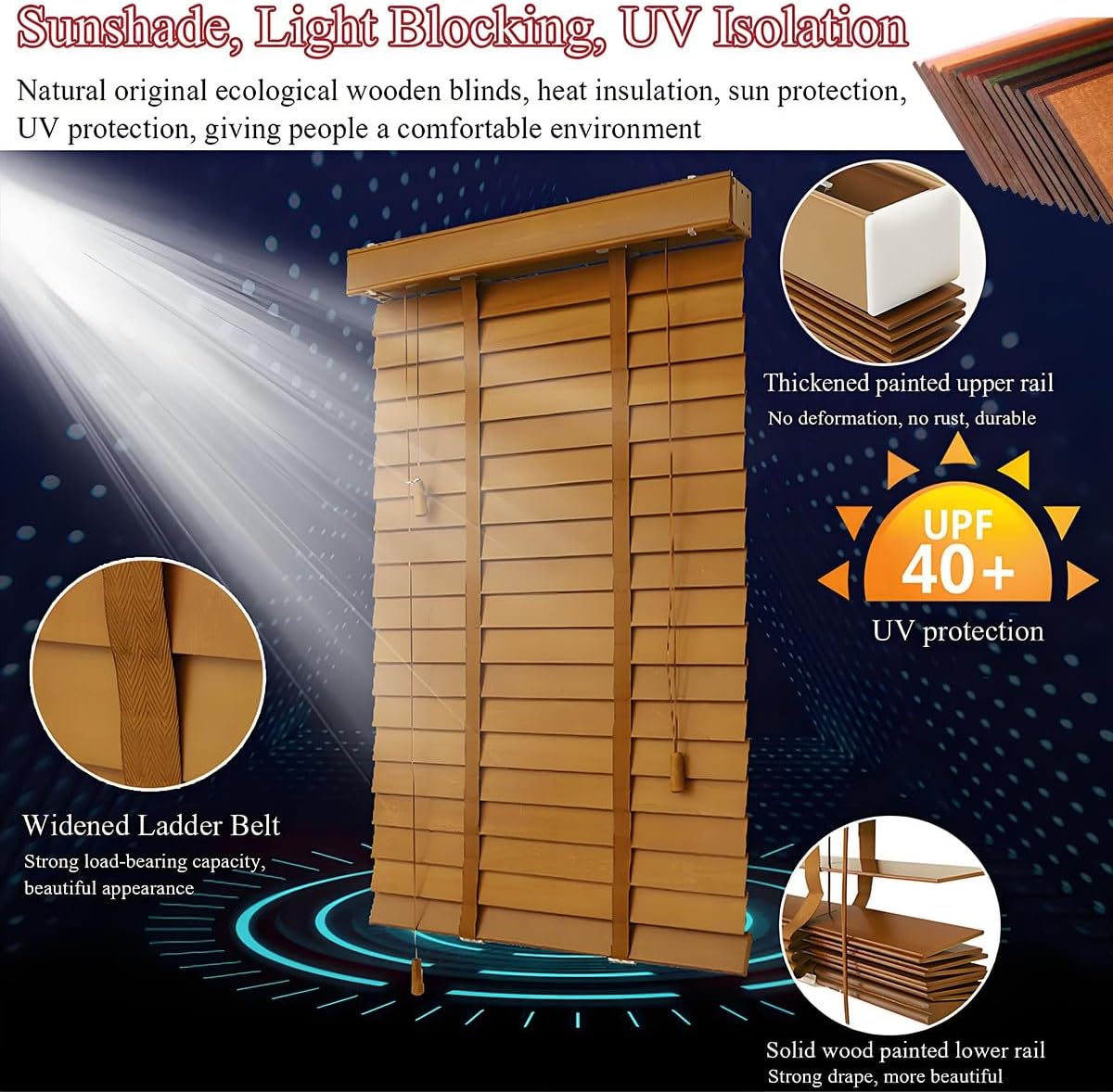 Faux Wood Home Window Blinds 2 inch Cordless 34x60 35x60 30x72 34x72 32x48, Bedroom Wood Window Shades, Indoor Natural Solid Window Blinds for Office Interior Door Blackout Privacy(Black)