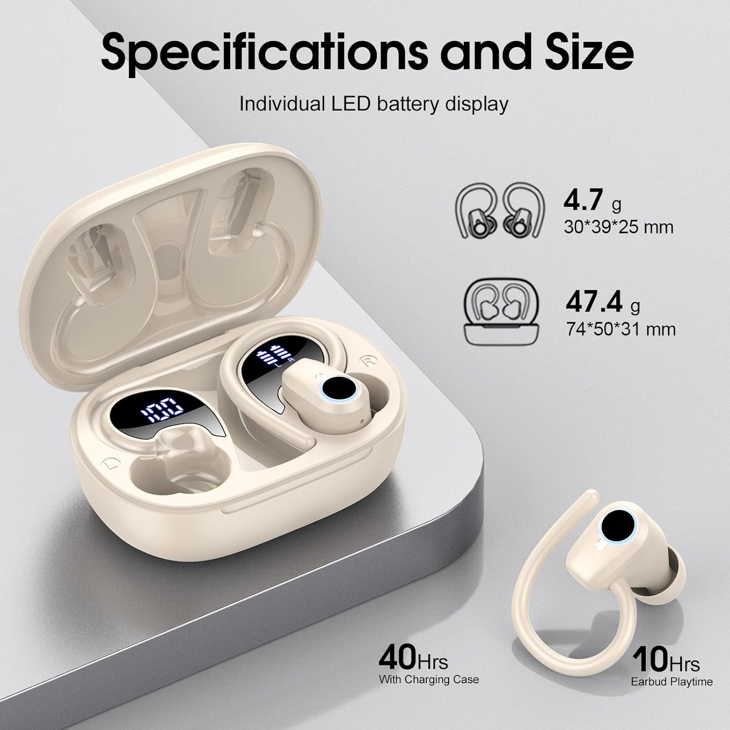 Wireless Earbuds, 2023 Bluetooth Headphones 5.3 Sport, 50H Ear buds with Earhooks, Dual LED Display, Bluetooth Earbuds, Bass Stereo Noise Cancelling Headphones, IP7 Waterproof Earphones, Off White