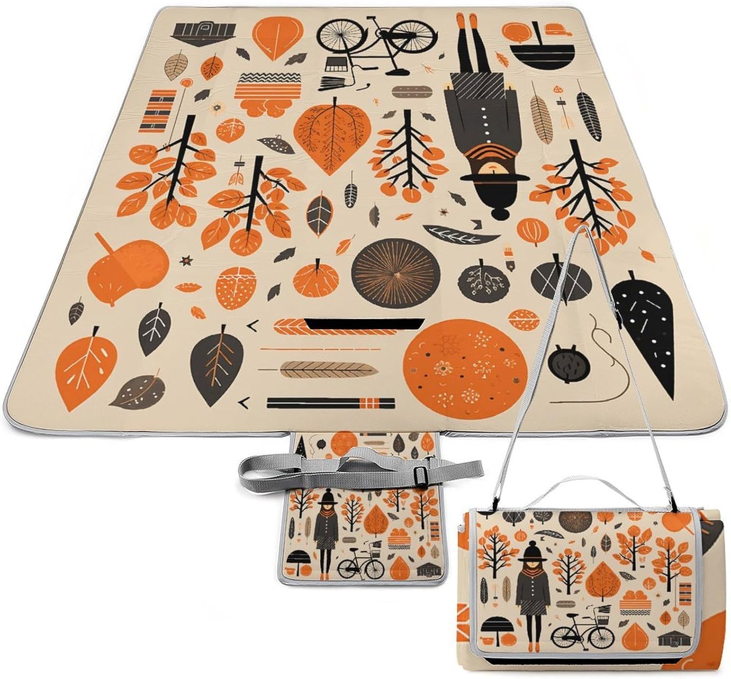 Autumn Doodles Waterproof Picnic Blanket 58.3''x58.3'',Portable and Foldable Picnic Mat with Handle,Outdoor Blankets for Lawn Park Beach Travel