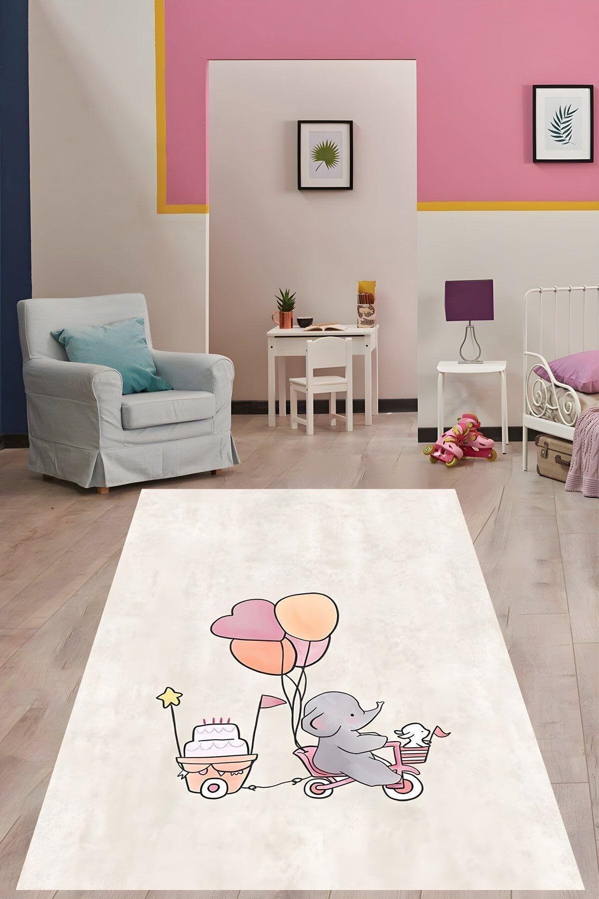 Pelangi Pasta Taşıyan Balonlu Sevimli Fil Yıkanabilir Kaymaz Taban Leke Tutmaz Çocuk Odası Halısı, Gri-Beyaz 80 x 600