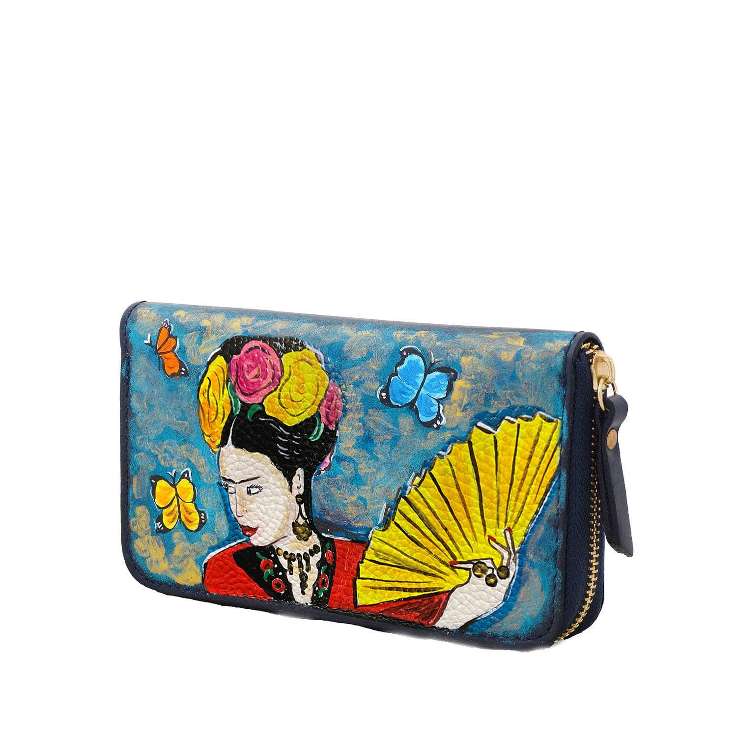 Portafoglio da donna in pelle dipinta a mano - OMAGGIO A LEI: FRIDA - Portafogli Donna, Vera Pelle, Made in Italy, chiusura con cerniera lampo, carte credito, Lavorazione Artigianale