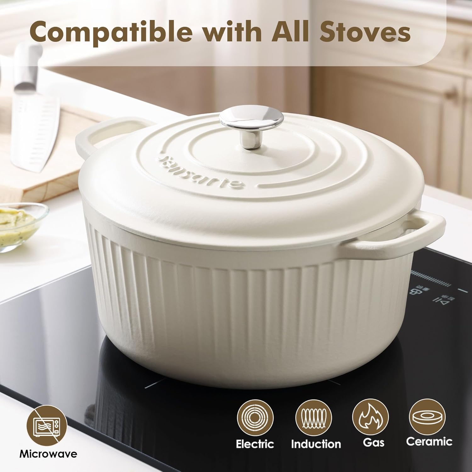 SENSARTE Enameled Cast Iron Dutch Oven Pot with Lid 3.5 Quart Heavy-Duty Round Dual Handles Kitchen Pot with Cotton Potholders & Silicone Trivet, Pot for Bread Baking, Stews, Braising, Roasting, Oven Safe up to 500°F, White