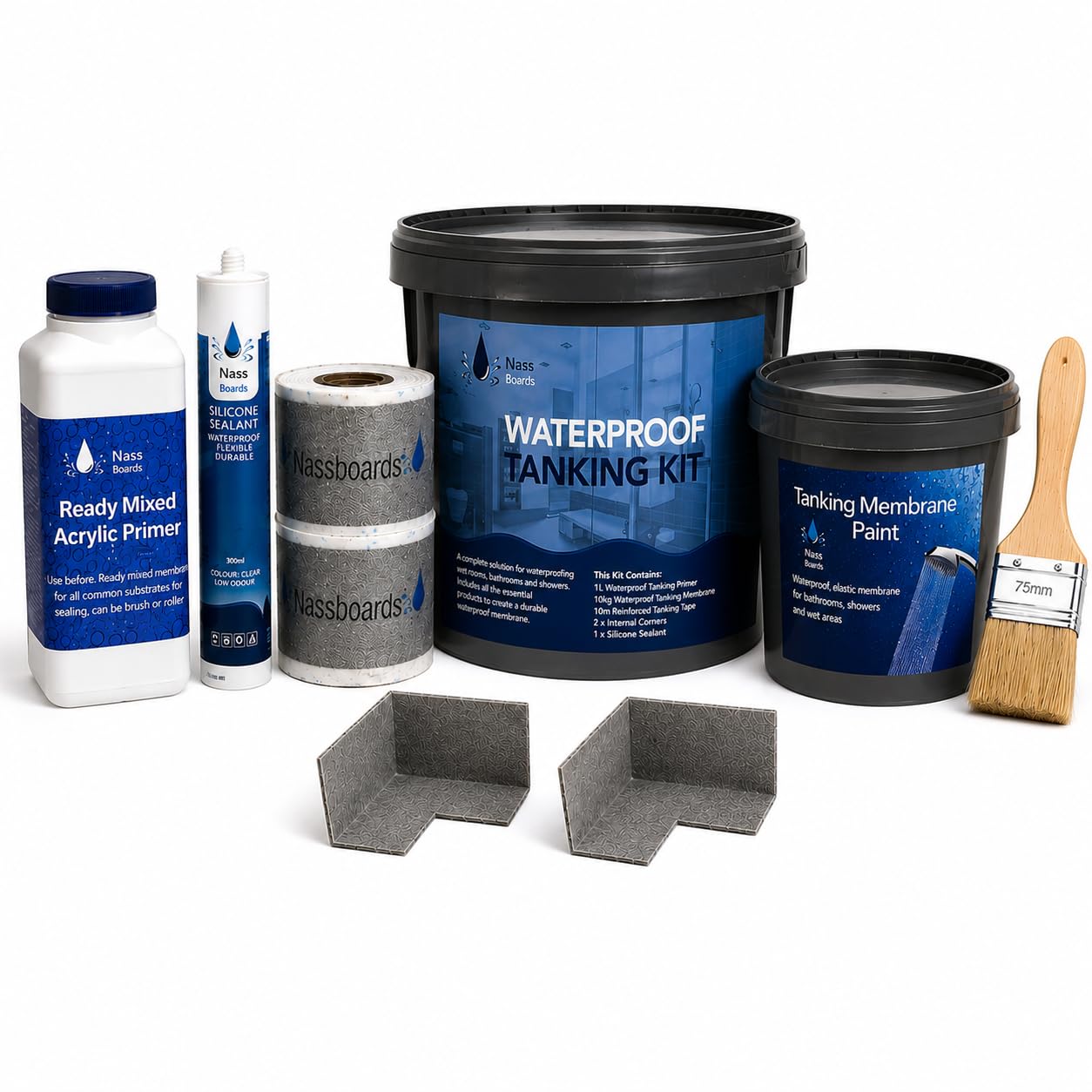 Nassboards Shower Waterproof Tanking Kit System 6.5KG for Wetrooms, Bathrooms & Kitchens - Complete Wet Room Waterproofing with Membrane Primer Tape Corners Silicone, Prevents Moisture, Covers 10m²