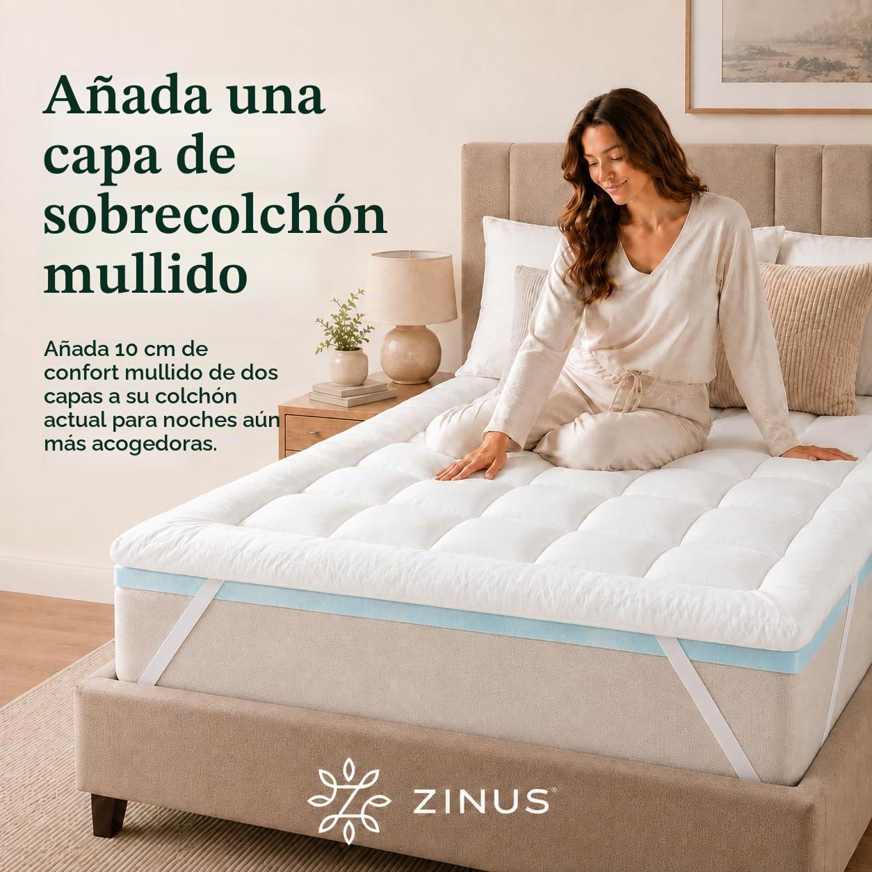 Zinus Bamboo Mattress Toppe Topper, Poliéster, Blanco, 190 x 140 cm