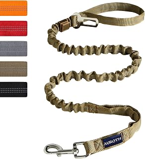 Auroth Heavy Duty Bungee Dog Leash for Large Breeds - Shock Absorbing, 2 Padded Handles, Reflective, 4.5ft/6ft, Car Seat Belt Compatible, Army Yellow