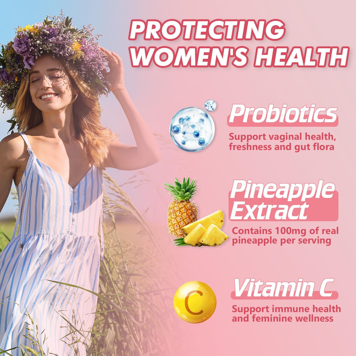 Pineapple Gummies for Women pH - Feminine Balance Gummies for Flora and Vaginal Health + Vitamin C for Immune Support, Probiotics Women's pH Balance Gummy Nutrition Vegan Friendly, 90 Counts - Image 3