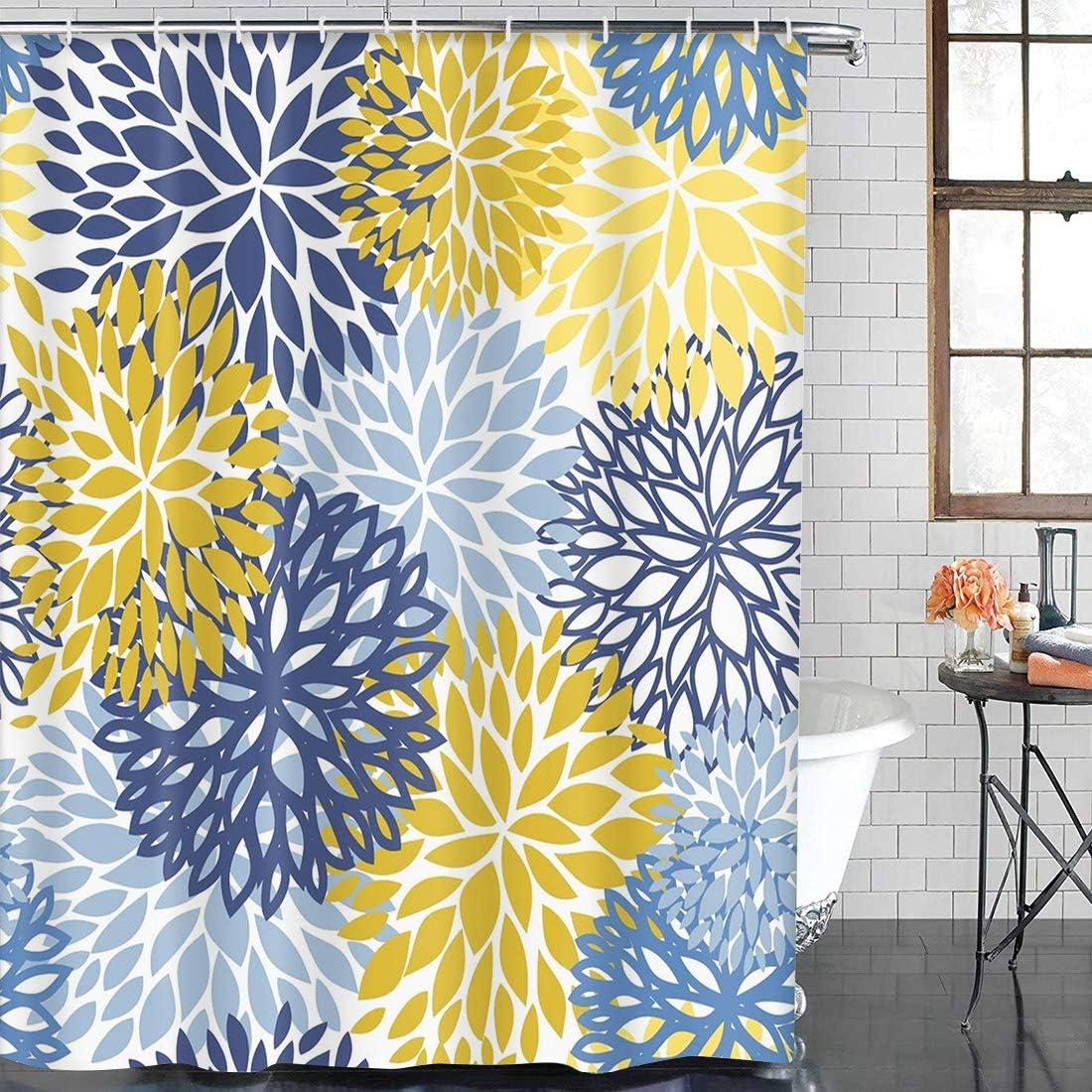 TOMPOP Shower Curtain Green Spring Flower Blue Yellow and Navy Chrysanthemum Brown Waterproof Polyester Fabric Bathroom 72 x 72 Inches Set including Hooks - Image 3