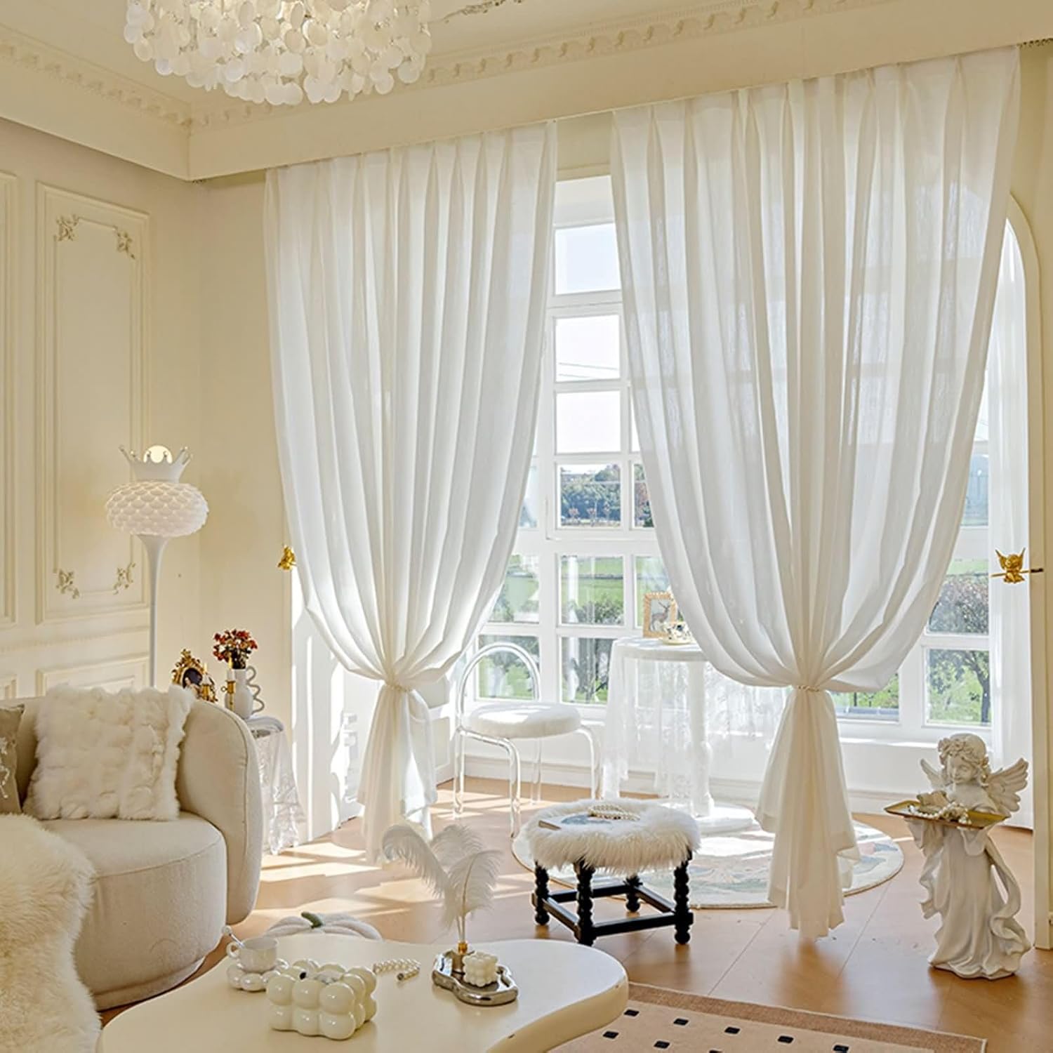 Drapes Sheer 2 Panels Set,2 x 52W x 54H,Sheer Curtains for Living Room White Solid Color Curtain Pinch Pleats for Windows