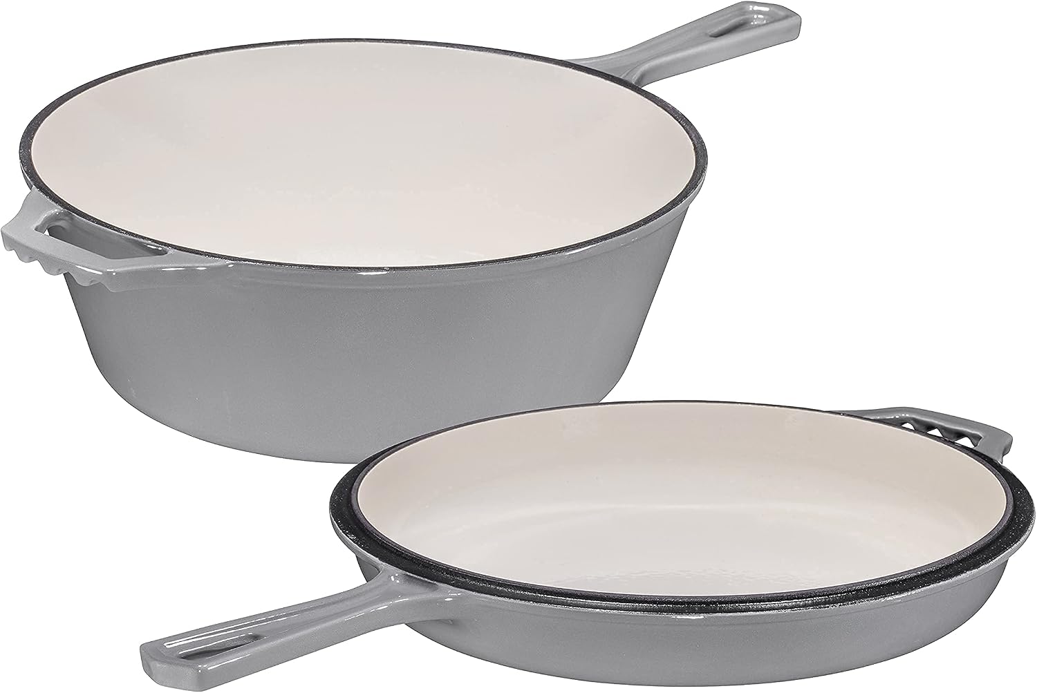 Bruntmor 2 in1 Grey Cast Iron Skillet With Lid, 5 Quarts Enameled Cast Iron with Handle, Crock Pot Covered Non Stick Cast Iron Skillet, Oven and Dishwasher Safe, Ideal for for Baking and Frying