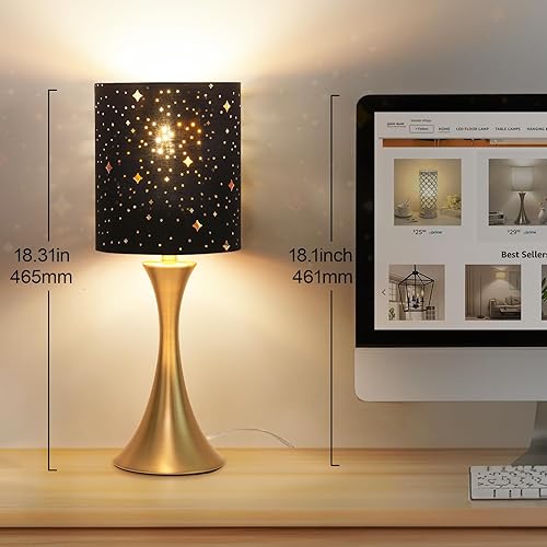 Miniatura 4 de Lámpara táctil para dormitorio, lámpara de mesa dorada regulable de 3 vías con pantalla estrellada negra, lámpara decorativa para mesita de noche,