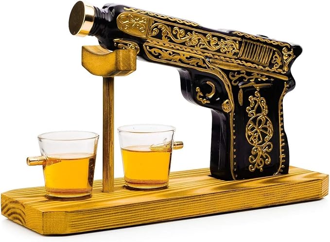 Hand Painted Pistol Whiskey & Wine Decanter Gift for Dad, Men - Pistol Whiskey Gun Decanter & 2 Bullet Shot Glasses - Military Gifts, Veteran Gifts, Law Enforcement Gifts, Home Bar Gift, Drinking Bar