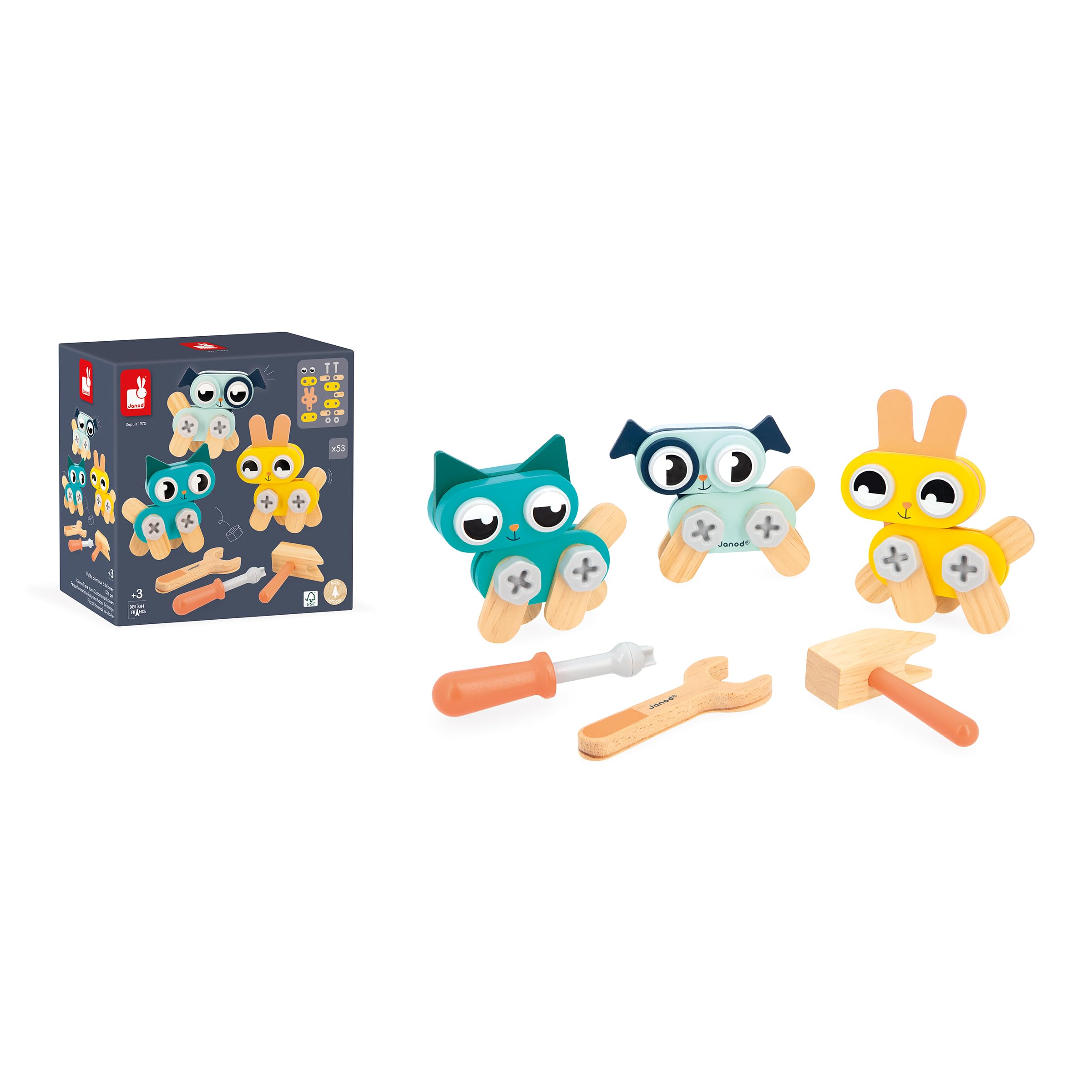 Janod - Mon Premier Jeu de Construction - 3 Petits Animaux - Chat, Chien, Lapin - 53 Accessoires - Développe Dextérité & Créativité - 3 Ans + - J06450