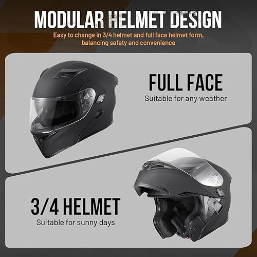 Miniatura 5 de Casco modular para motocicleta de cara completa con visera dual abatible, aprobado por DOT, ligero y en color negro mate