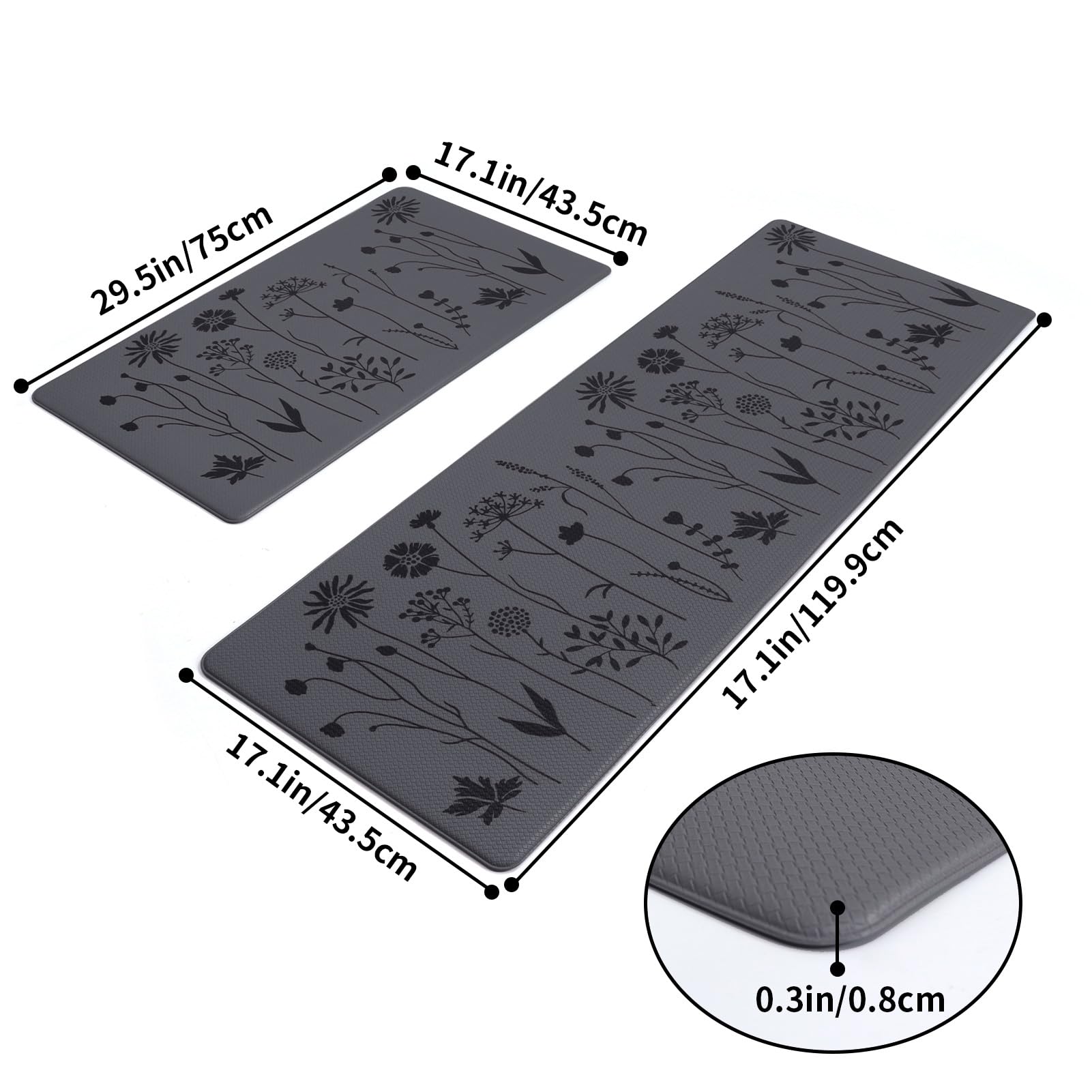 RLAVBL Tappeto in PVC,Tappeto in Grigio Nera con Motivo Floreale, Set di 2, Ottimo per Bagno, Cucina, Soggiorno, Ingresso