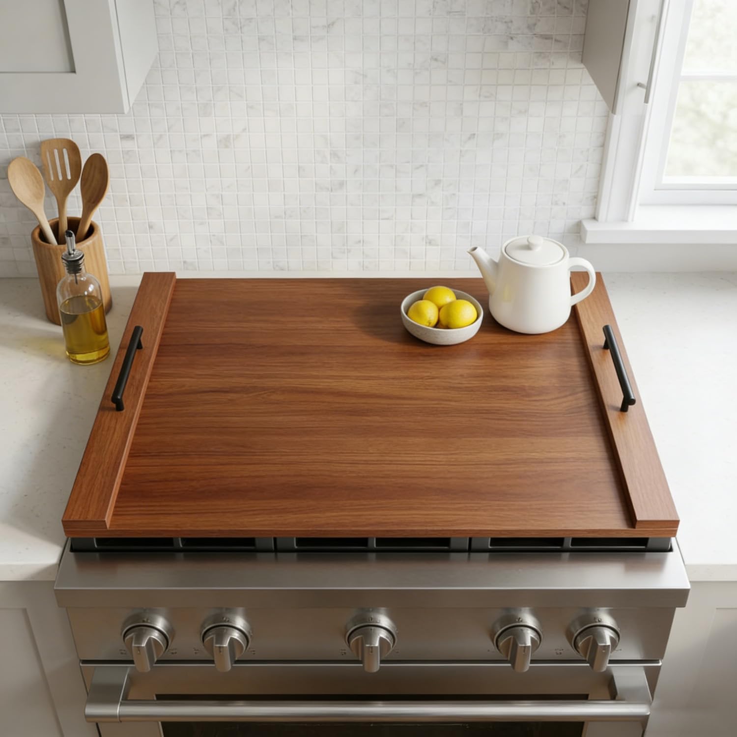 Oak Stove Top Cover | 30"x22" Noodle Board for Gas Stoves, RV Kitchen Counter Protector with Handles