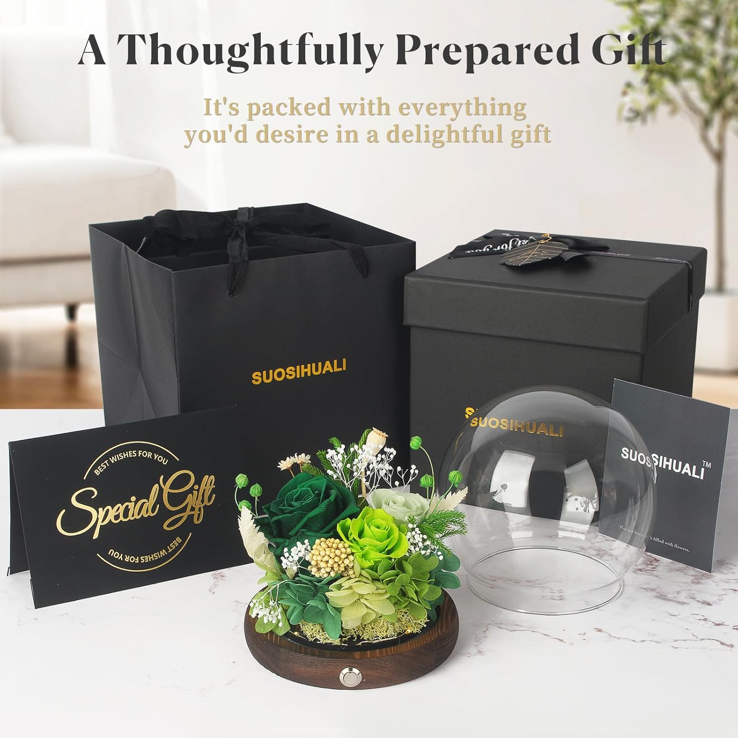Green Preserved Flowers in Glass Dome, Forever Rose Globe with Gift Box, Birthday Gifts for Women, Mom, Wife, Girlfriend, Home Decor, Flowers for Delivery Prime